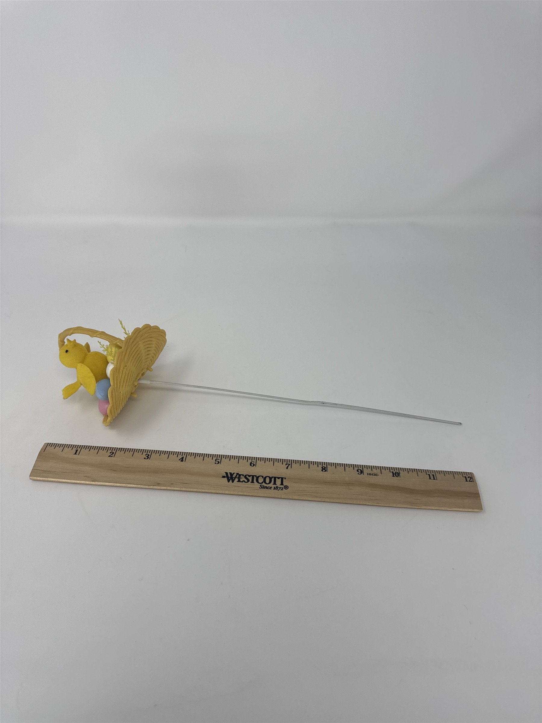 Vtg Easter Basket Chick Floral Pick Flocked Yellow Bird Plastic Eggs Spray 12"