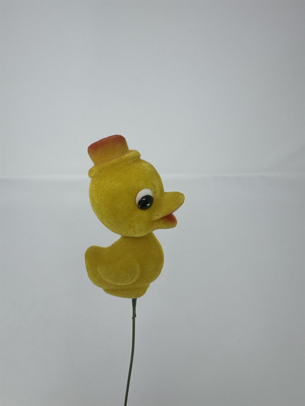Vtg Easter Flocked Yellow Duckling Floral Pick Top Hat Figurine Duck Spray 14"