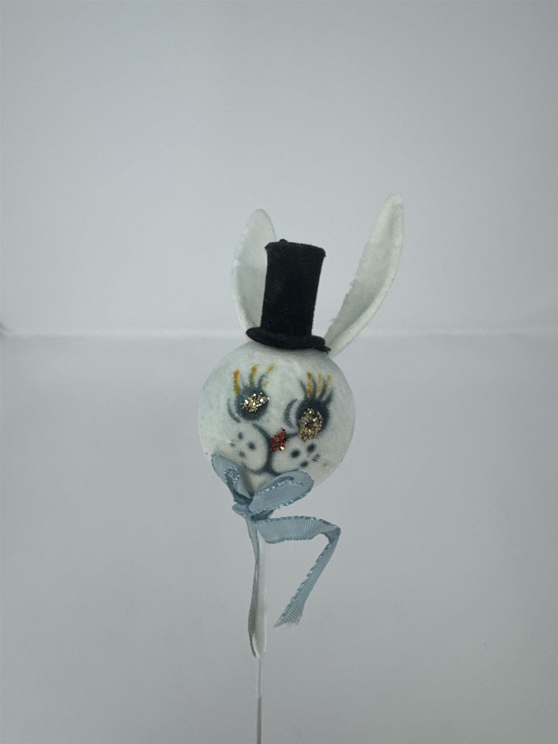 Vtg Easter Flocked Bunny Head Floral Pick Top Hat Blue Ribbon Felt Rabbit 11"