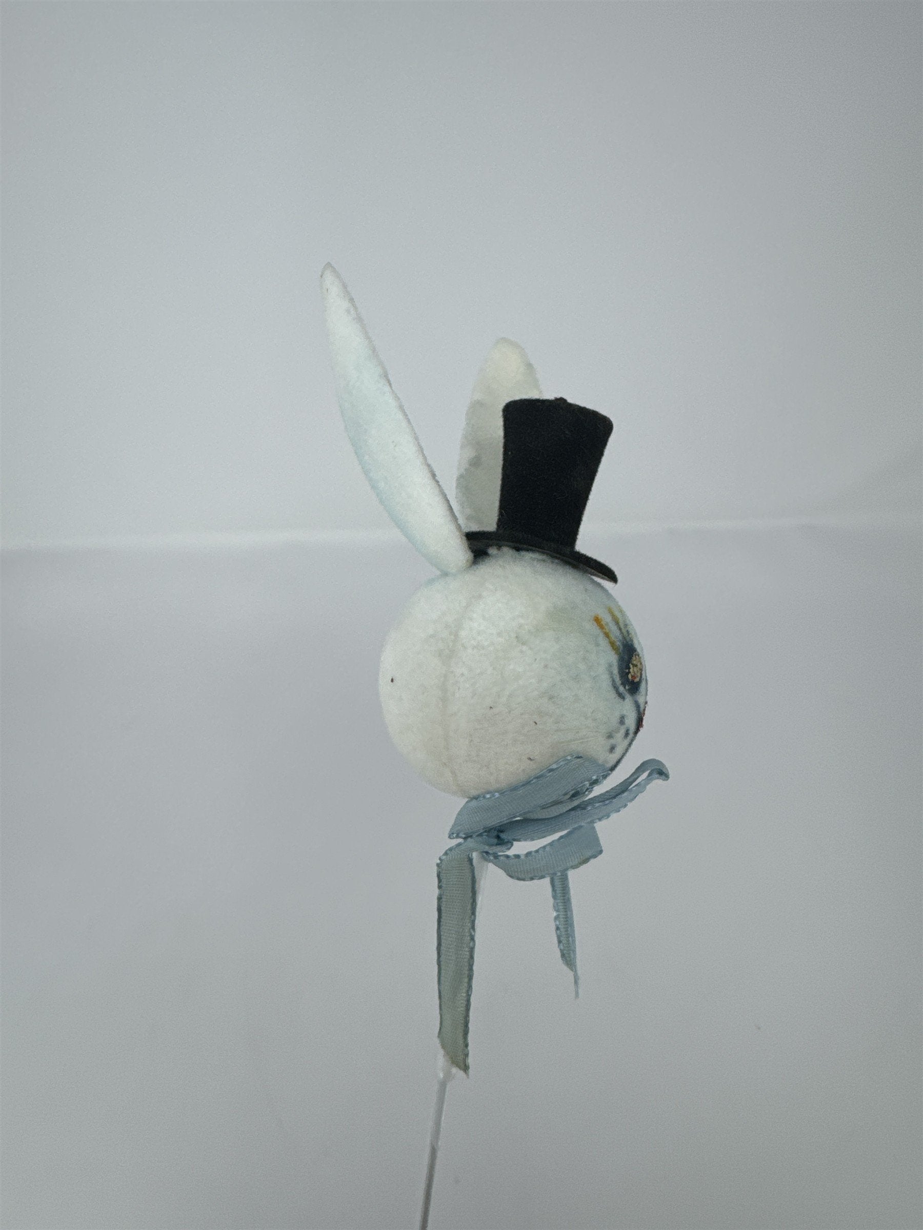 Vtg Easter Flocked Bunny Head Floral Pick Top Hat Blue Ribbon Felt Rabbit 11"