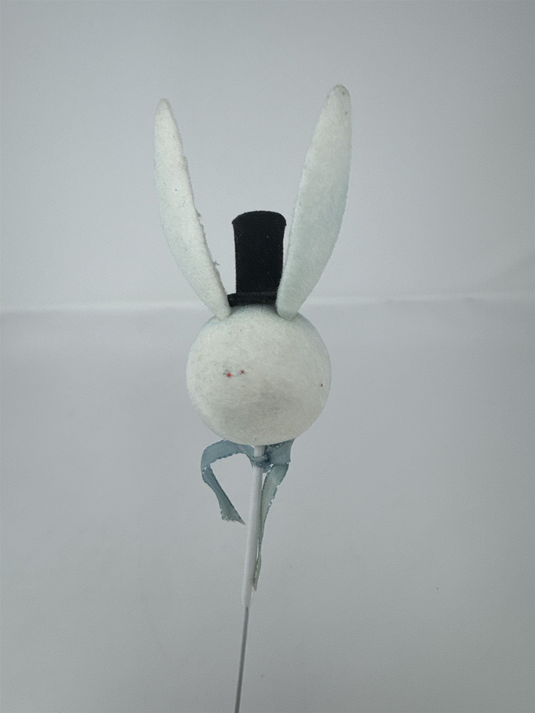 Vtg Easter Flocked Bunny Head Floral Pick Top Hat Blue Ribbon Felt Rabbit 11"