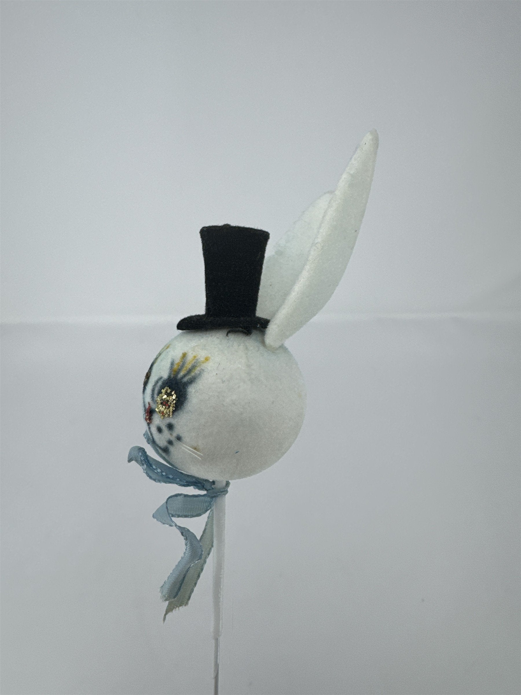 Vtg Easter Flocked Bunny Head Floral Pick Top Hat Blue Ribbon Felt Rabbit 11"