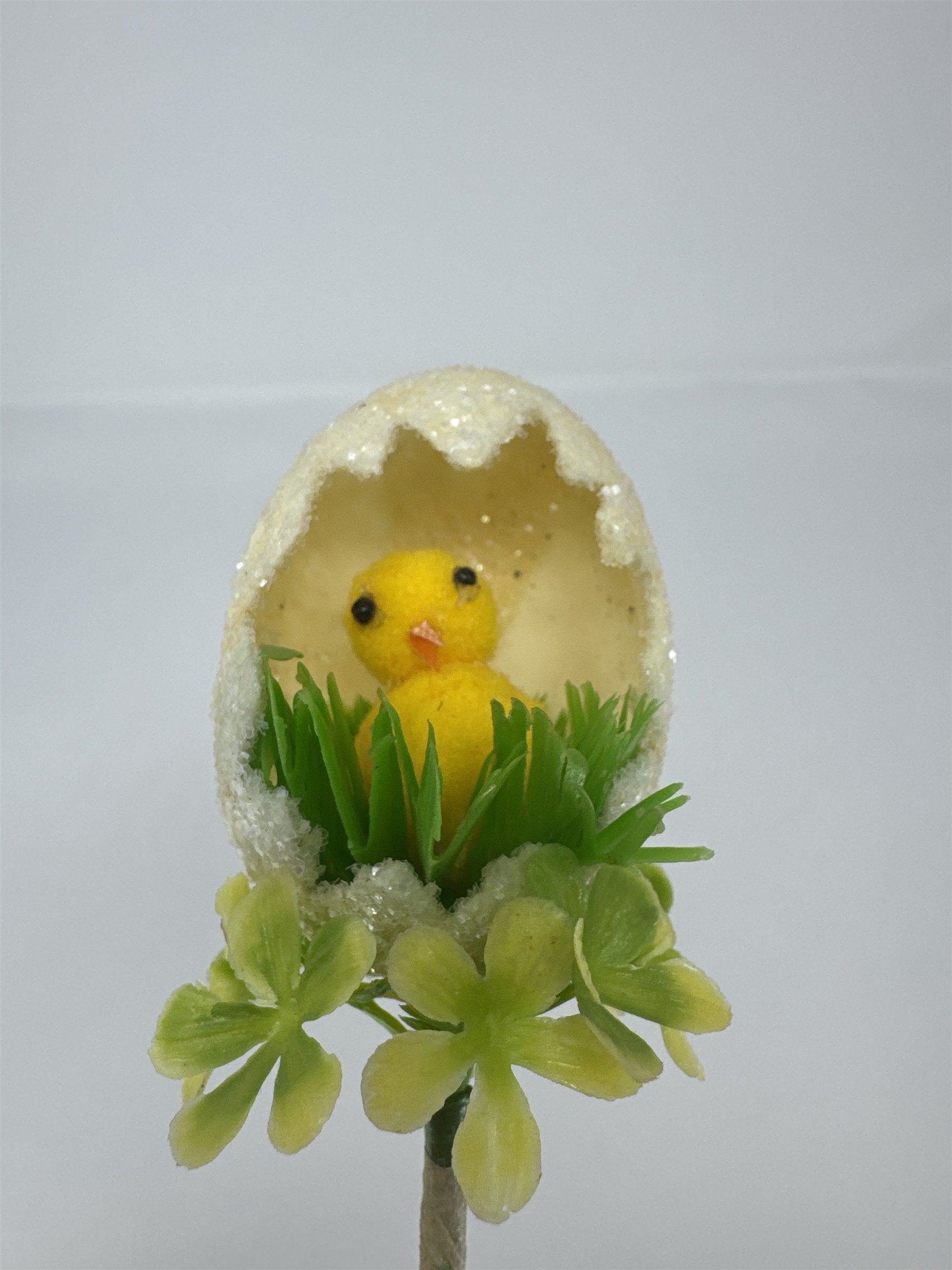Vtg Easter Sugared Egg Diorama Floral Pick Flocked Chick Plastic Flower Spray 4"