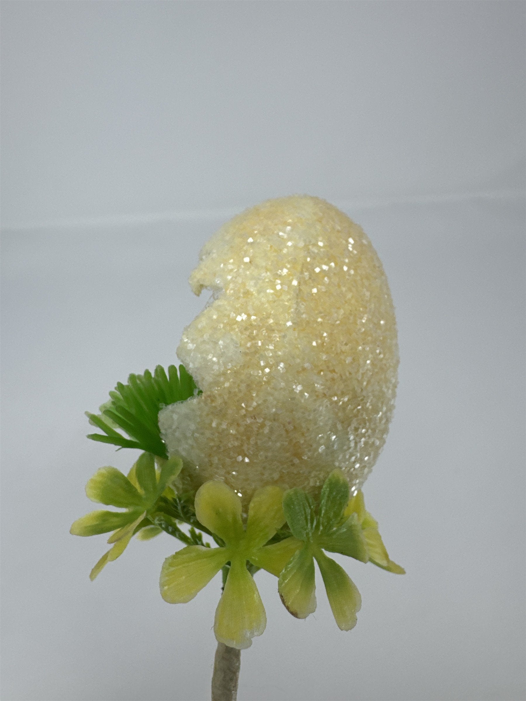 Vtg Easter Sugared Egg Diorama Floral Pick Flocked Chick Plastic Flower Spray 4"