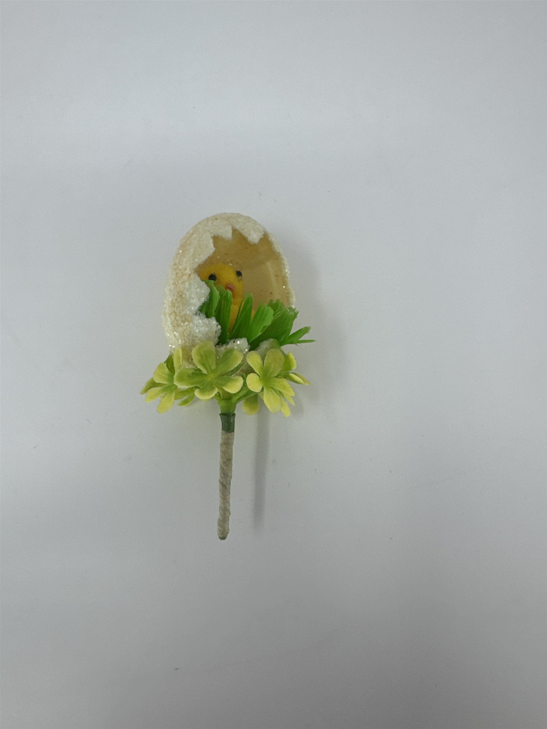 Vtg Easter Sugared Egg Diorama Floral Pick Flocked Chick Plastic Flower Spray 4"