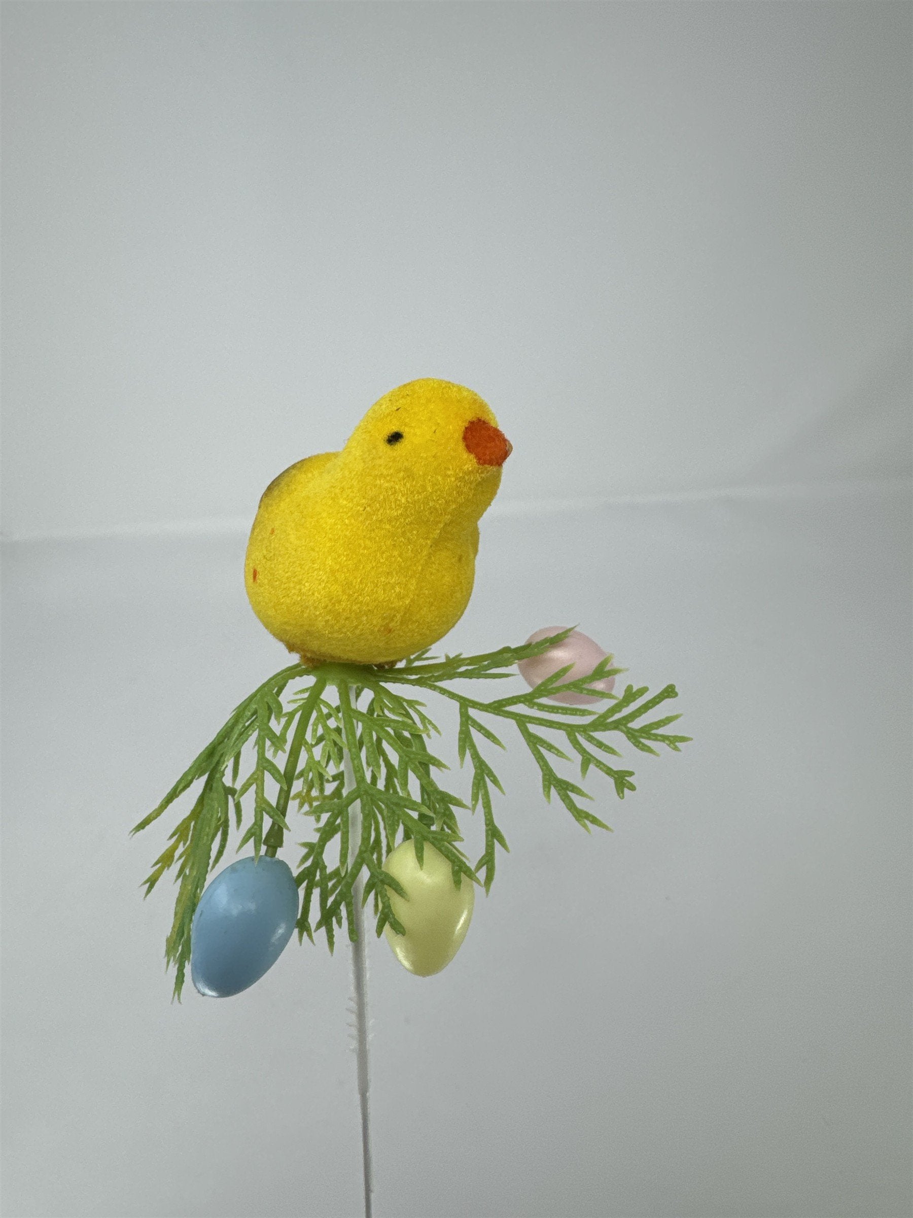 Vtg Easter Flocked Yellow Chick Floral Pick Greenery Spray Plastic Eggs 13"