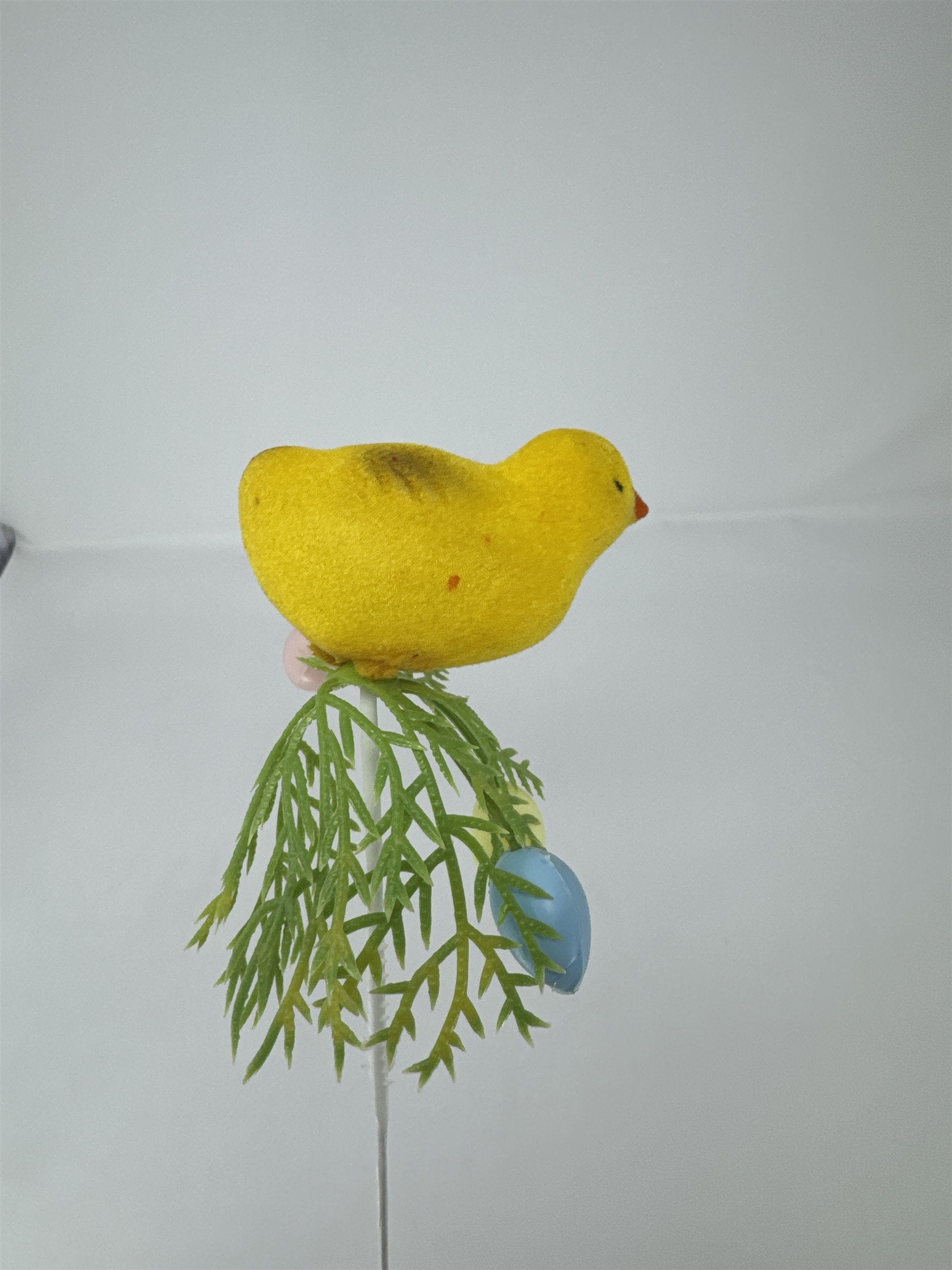 Vtg Easter Flocked Yellow Chick Floral Pick Greenery Spray Plastic Eggs 13"