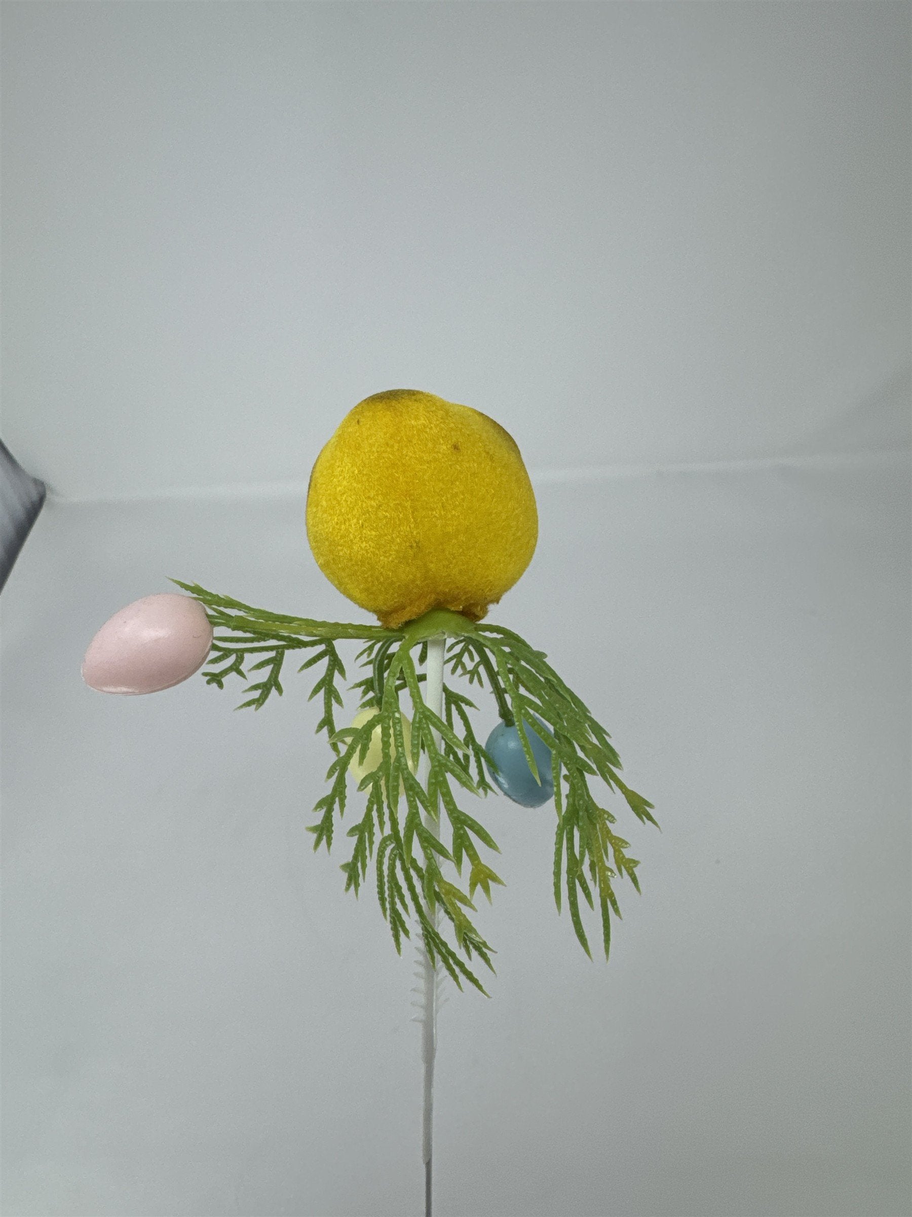 Vtg Easter Flocked Yellow Chick Floral Pick Greenery Spray Plastic Eggs 13"