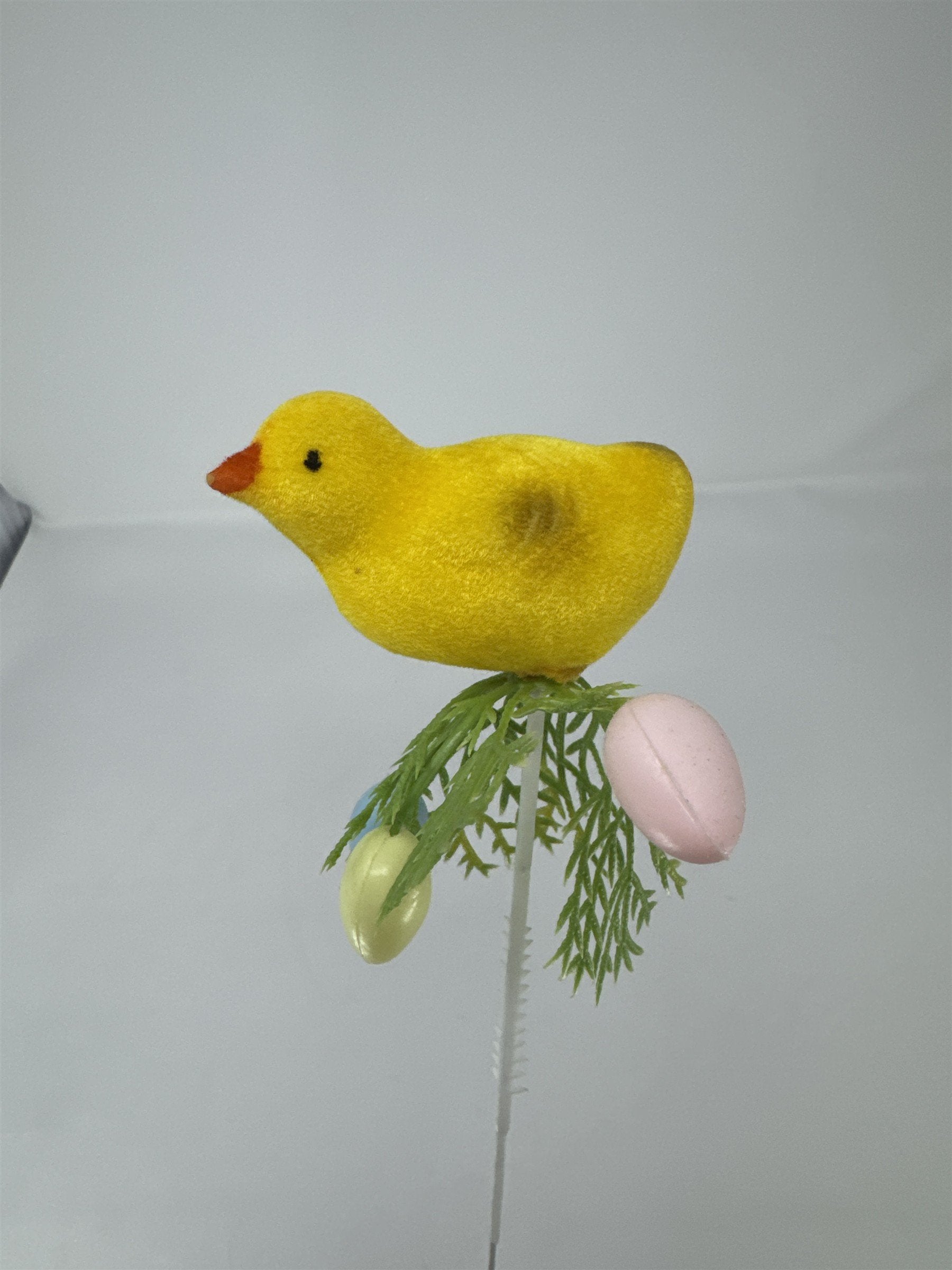 Vtg Easter Flocked Yellow Chick Floral Pick Greenery Spray Plastic Eggs 13"