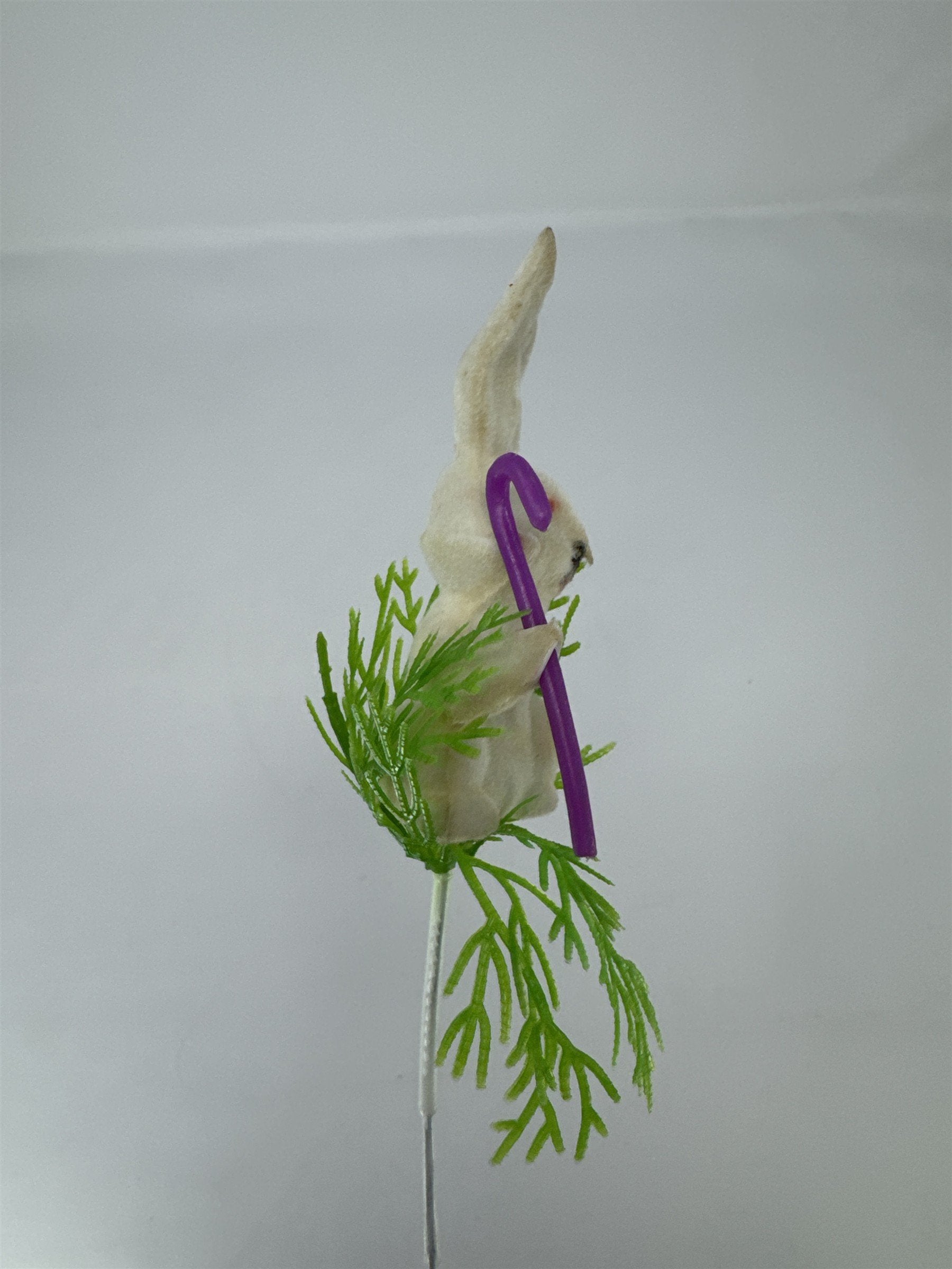Vtg Flocked Easter Bunny Rabbit Purple Cane Floral Pick White Wreath Decoration