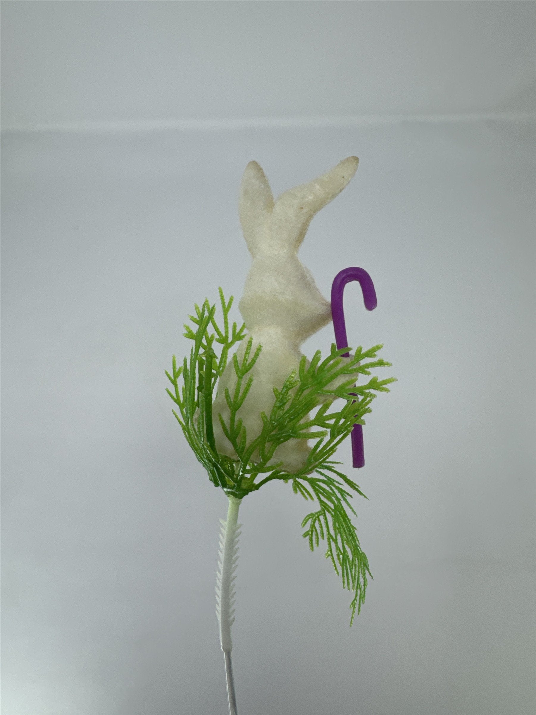 Vtg Flocked Easter Bunny Rabbit Purple Cane Floral Pick White Wreath Decoration
