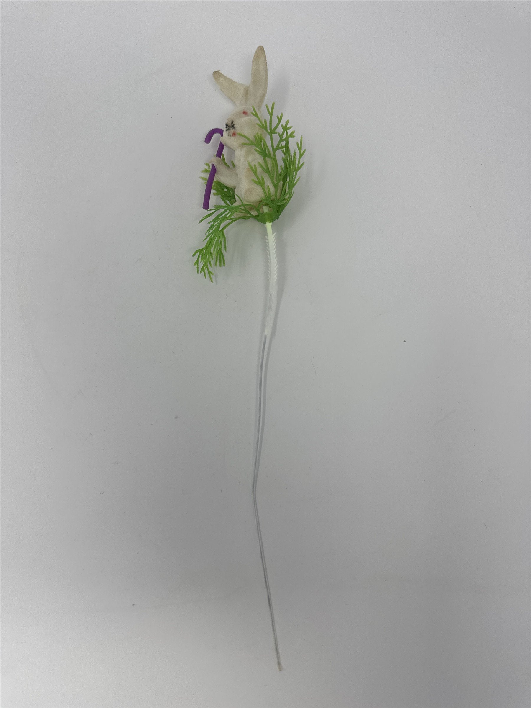 Vtg Flocked Easter Bunny Rabbit Purple Cane Floral Pick White Wreath Decoration