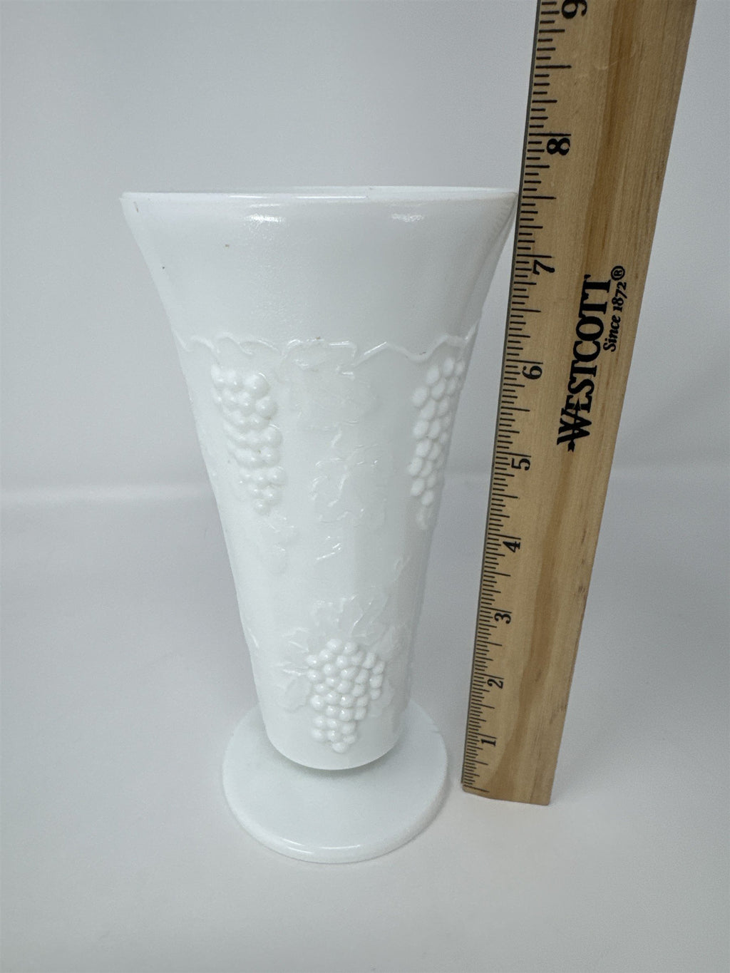 Vtg 7.5" Harvest Grape Milk Glass Vase Paneled Footed Mid Century Modern MCM