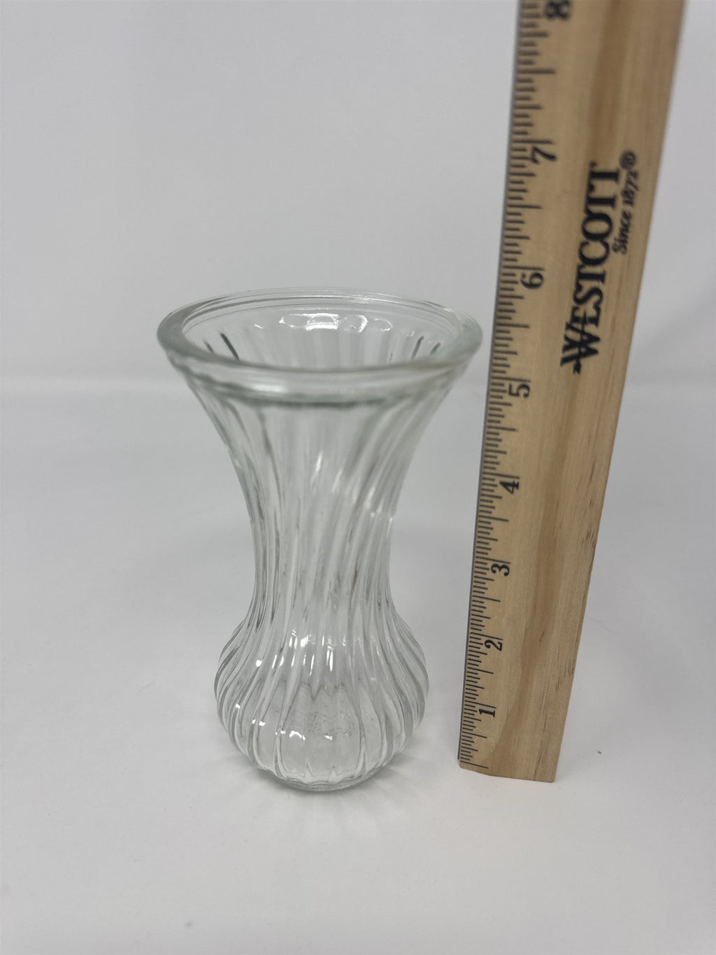 Vtg 5.5" Hoosier Glass 4067 Clear Swirl Ribbed Bud Vase MCM Flower Decoration