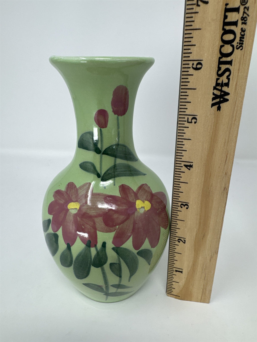Vtg 6" Hand Painted Ceramic Bud Vase Green Pink Floral Flower MCM Folk Art