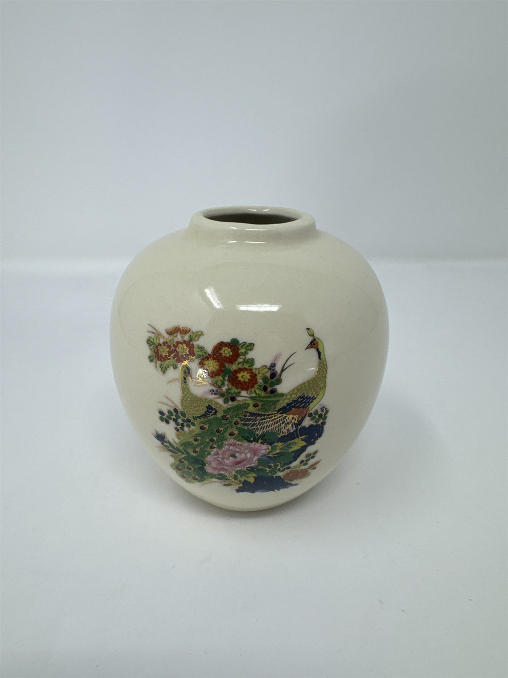 Vtg Made in Japan Ginger Jar Bud Vase Peacock Floral Motif Gold Trim MCM