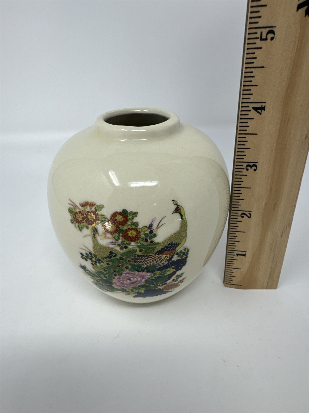 Vtg Made in Japan Ginger Jar Bud Vase Peacock Floral Motif Gold Trim MCM