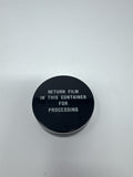 Vtg Metal Film Canister Round Black Return Container Processing Tin MCM