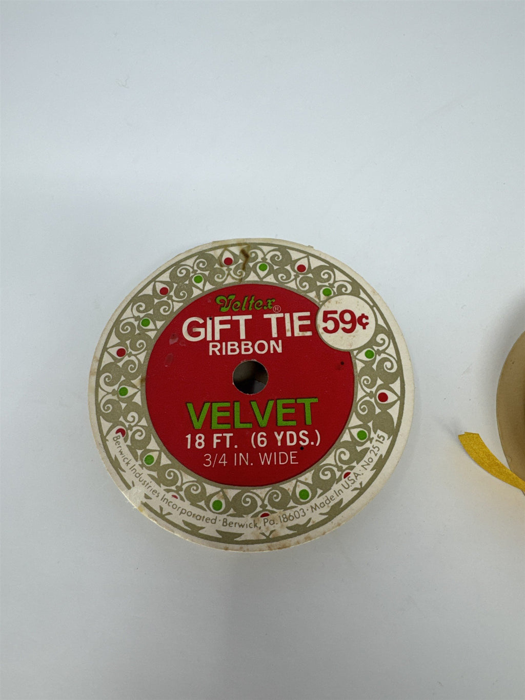 Vtg Veltex Velvet Ribbon Lot 2 Spools Gold Olive Green 3/4" Gift Tie Berwick PA