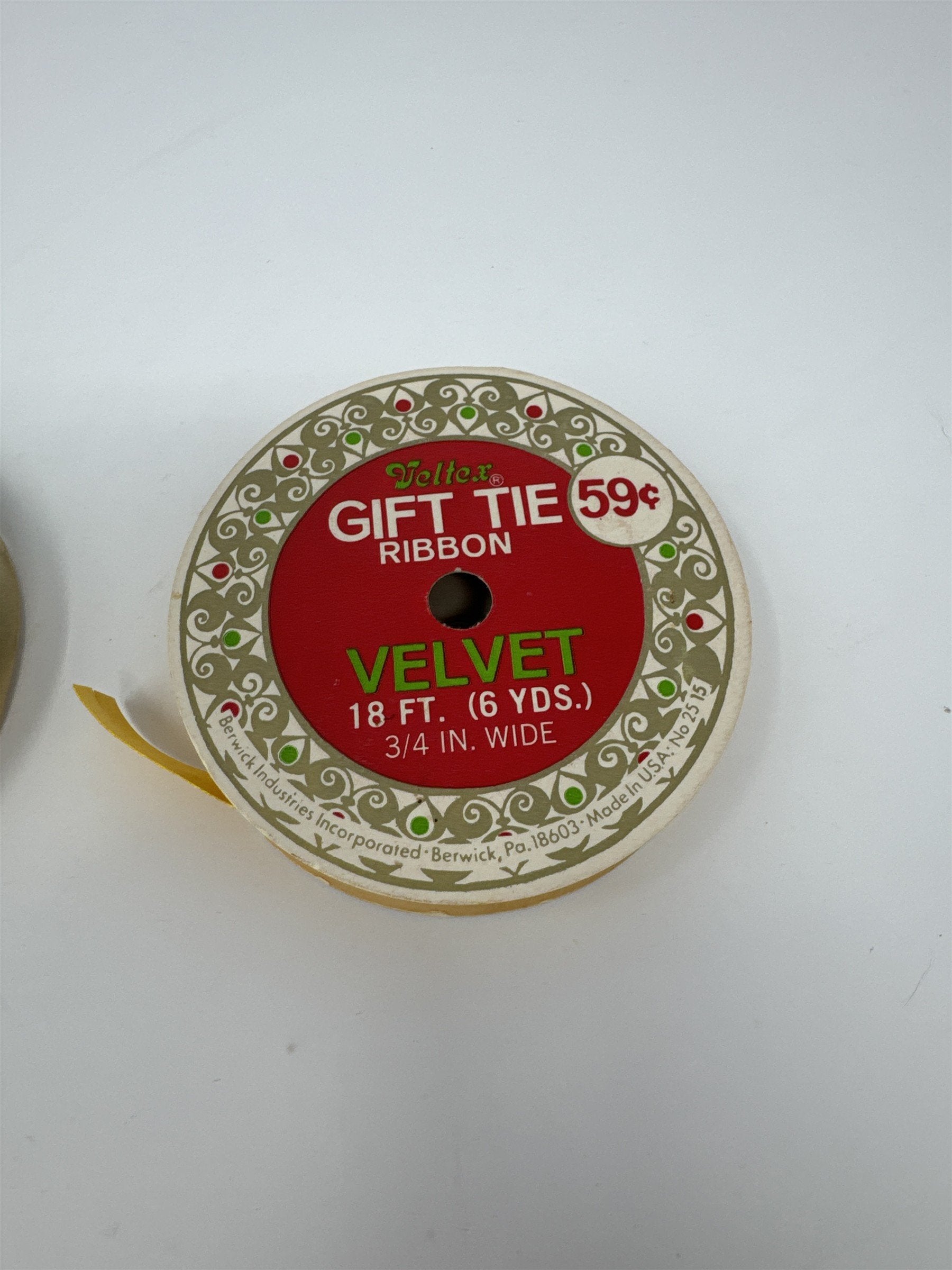 Vtg Veltex Velvet Ribbon Lot 2 Spools Gold Olive Green 3/4" Gift Tie Berwick PA