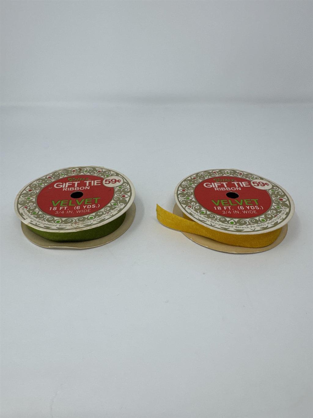 Vtg Veltex Velvet Ribbon Lot 2 Spools Gold Olive Green 3/4" Gift Tie Berwick PA