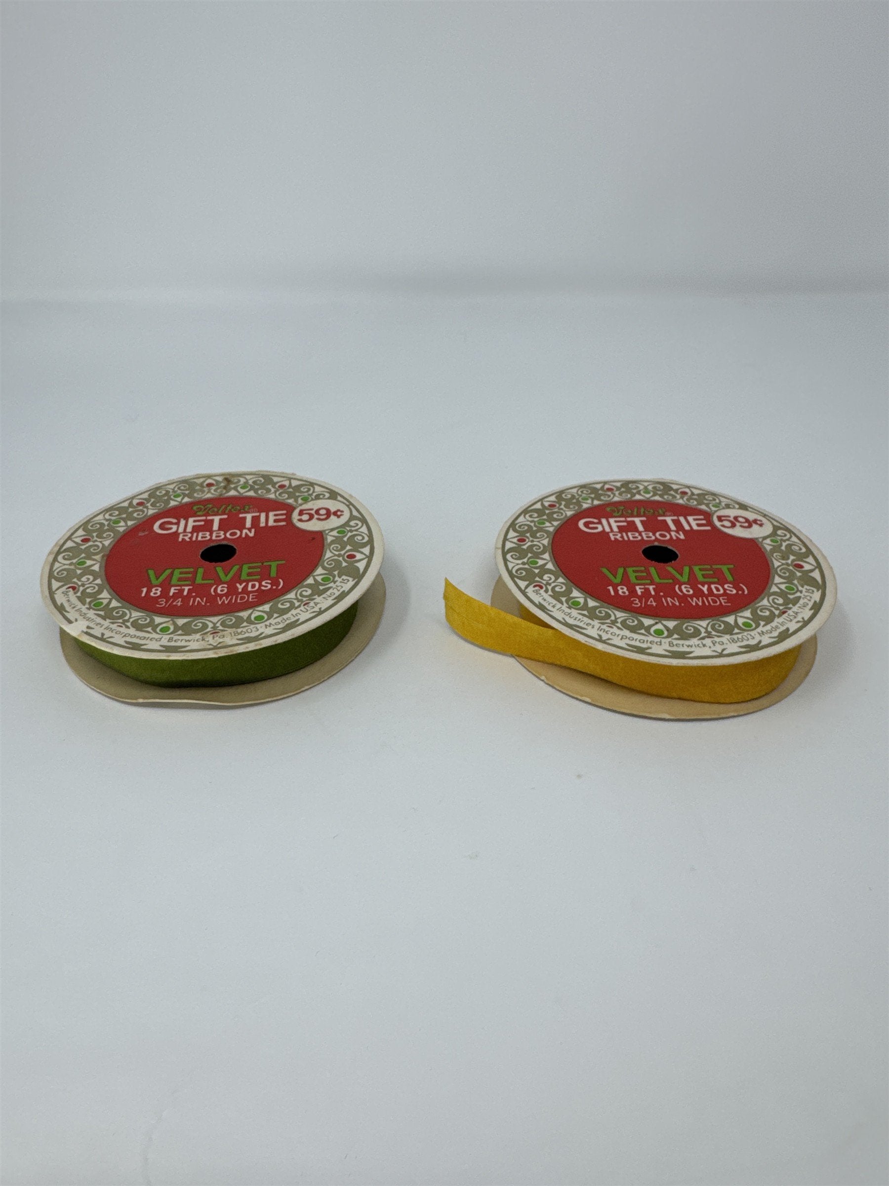 Vtg Veltex Velvet Ribbon Lot 2 Spools Gold Olive Green 3/4" Gift Tie Berwick PA