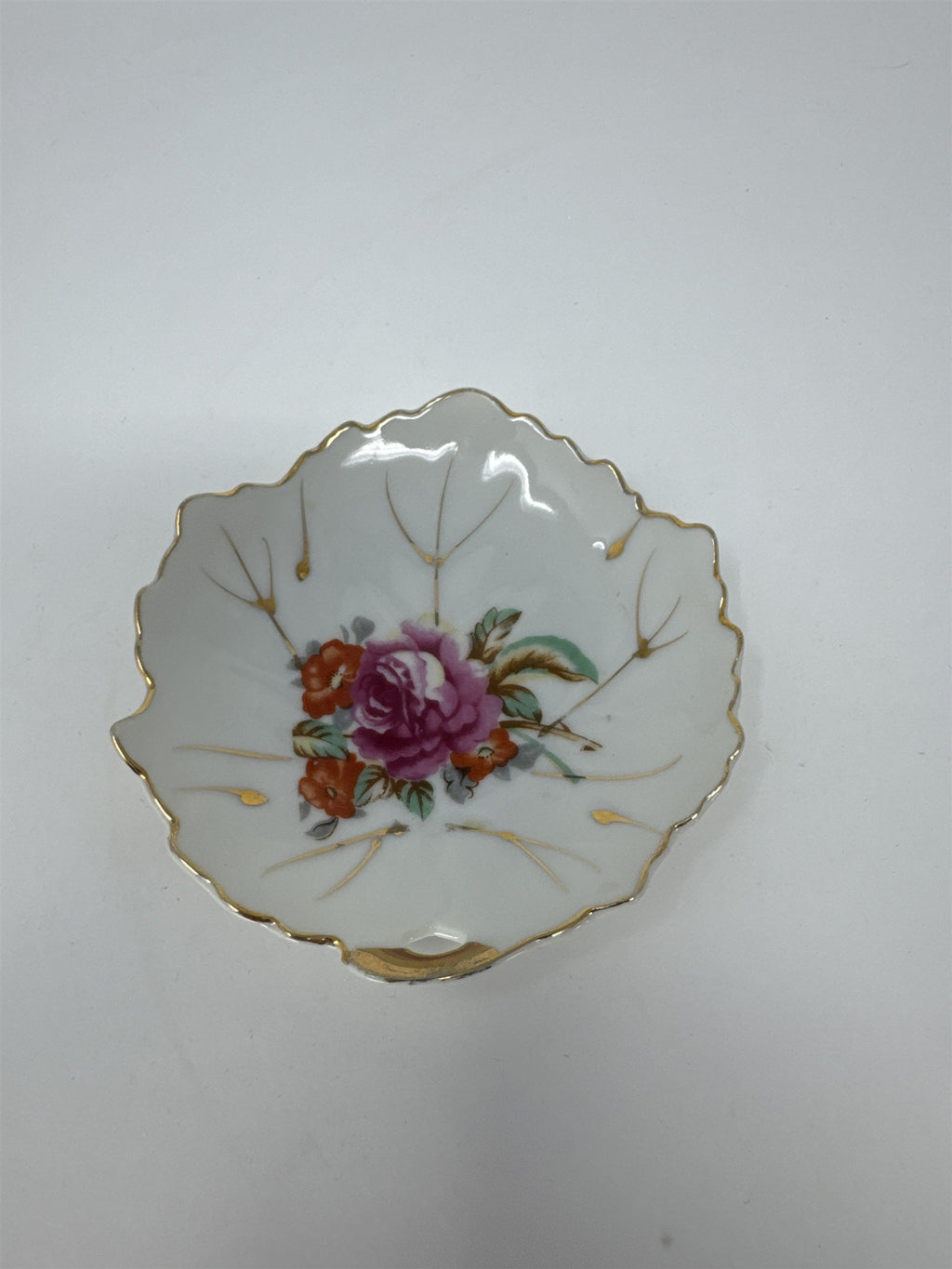 Vtg Floral Trinket Dish Gold Rim Scalloped Leaf Edge Jewelry Bowl Japan