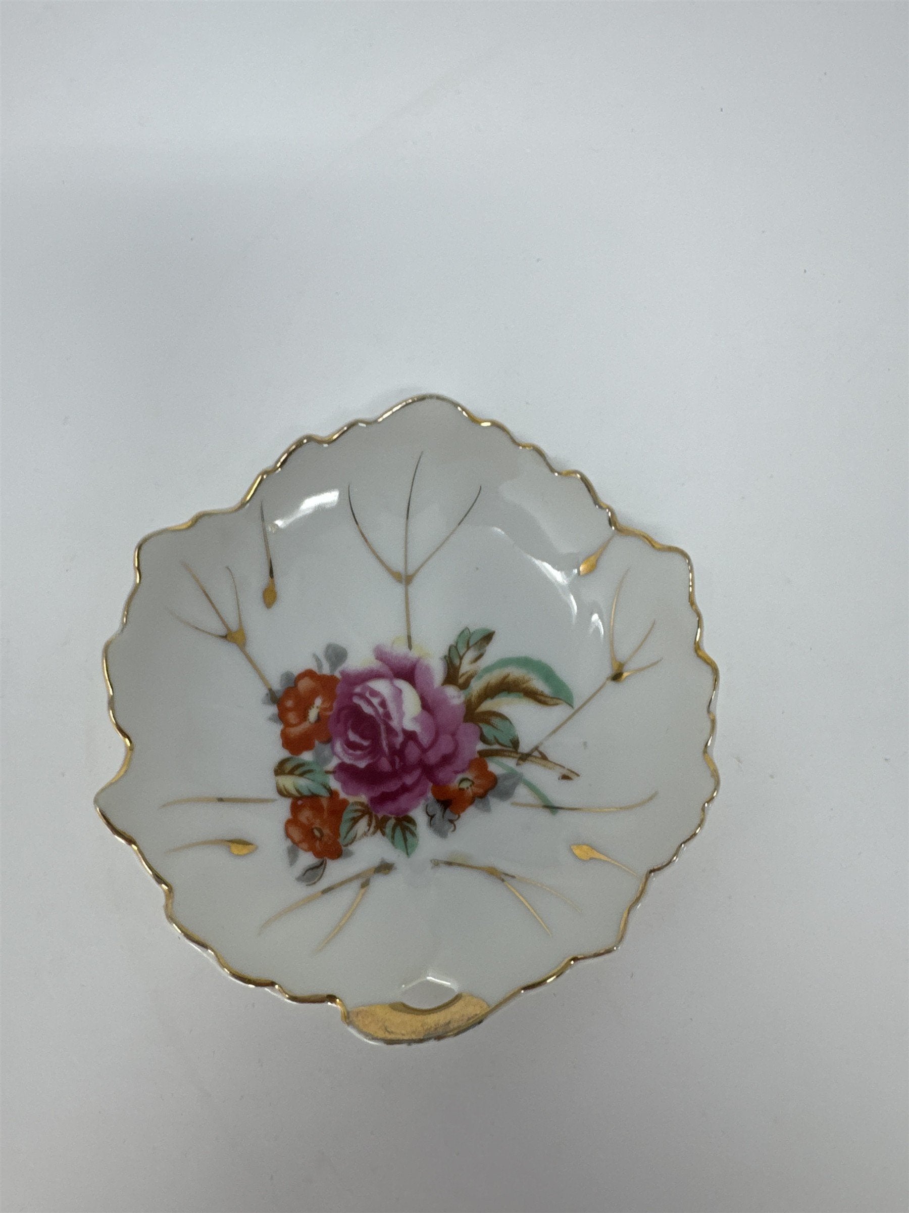 Vtg Floral Trinket Dish Gold Rim Scalloped Leaf Edge Jewelry Bowl Japan