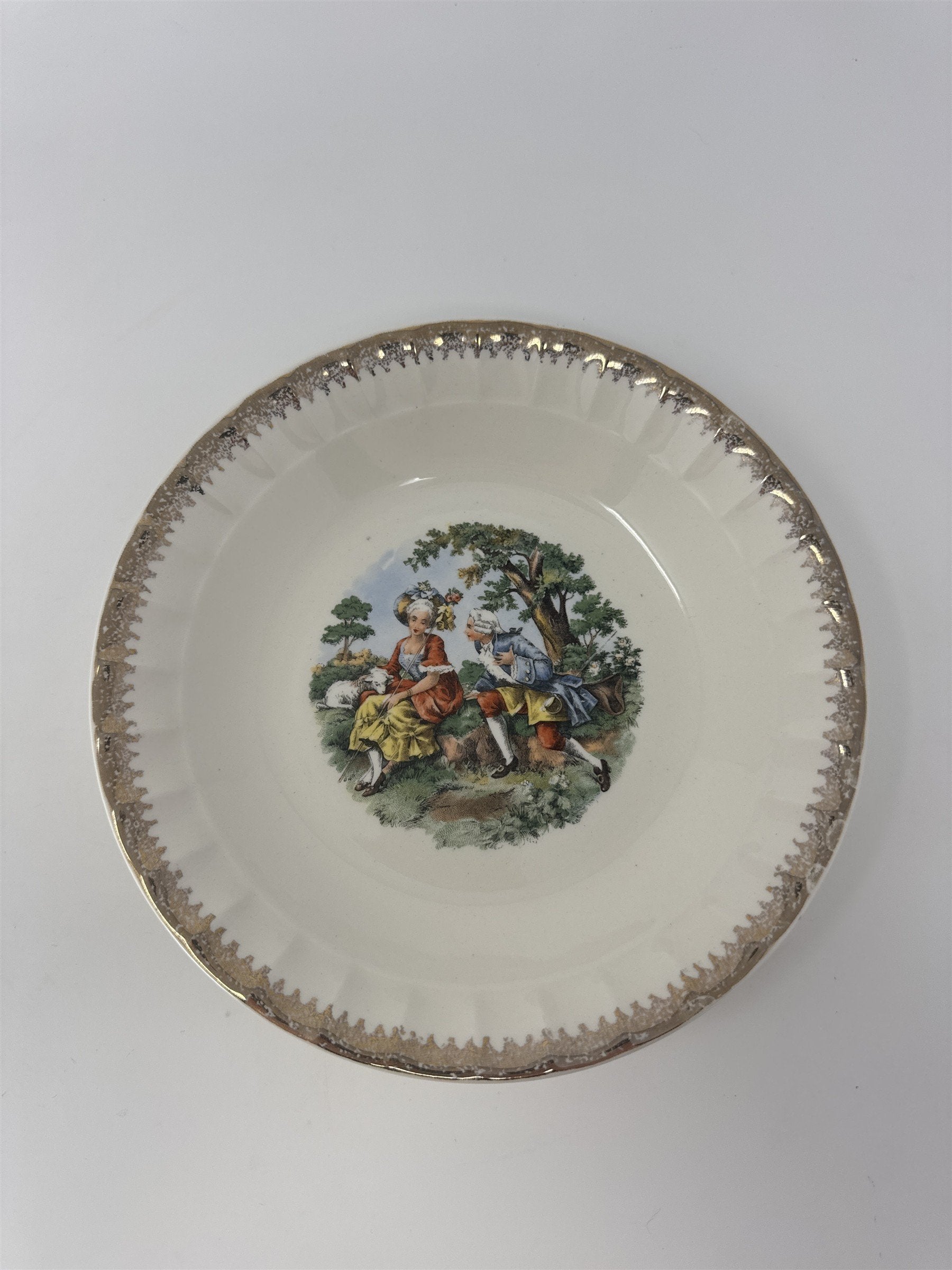 Vintage Cronin China Colonial Couple Soup Cereal Bowl 7.5" Minerva Ohio Gold