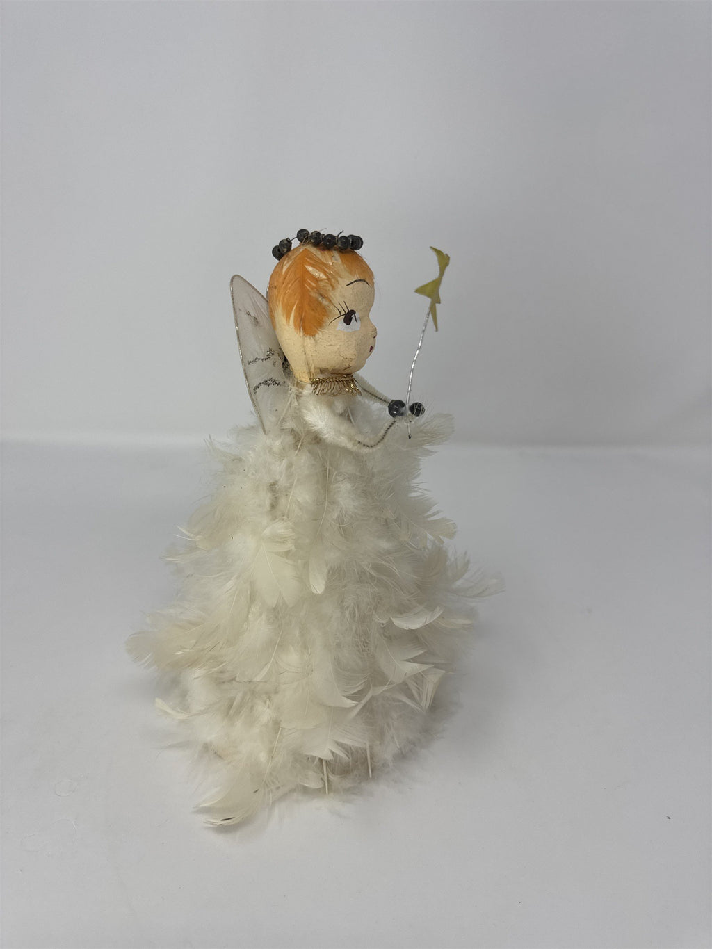 Vintage Japan Spun Cotton Feather Angel Christmas Ornament 8" Star Wand Kitsch