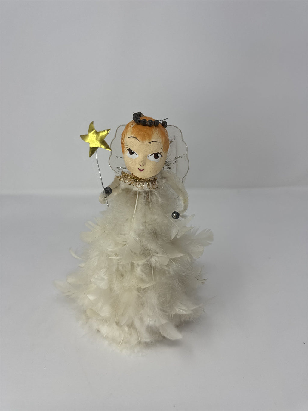 Vintage Japan Spun Cotton Feather Angel Christmas Ornament 8" Star Wand Kitsch