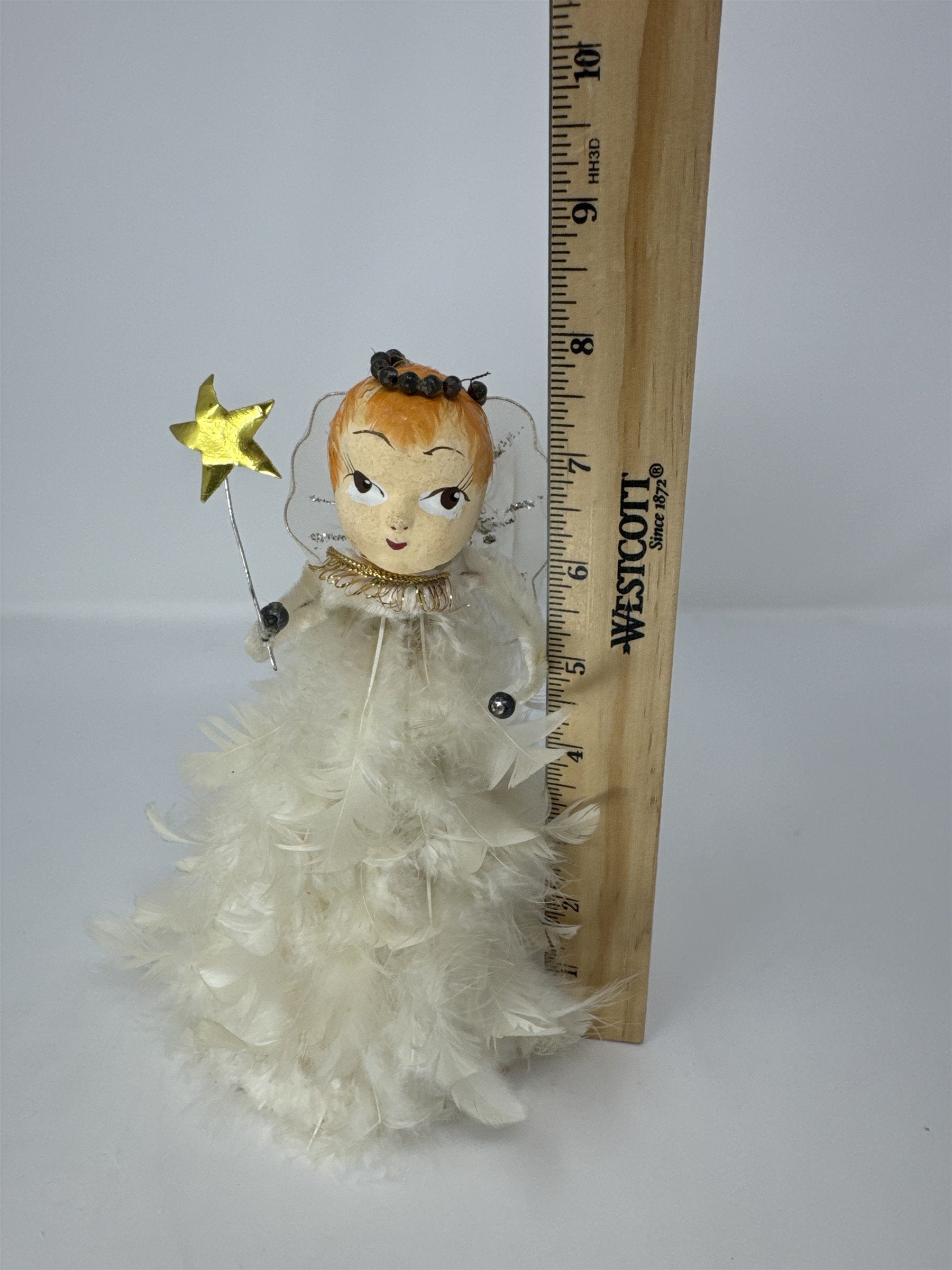 Vintage Japan Spun Cotton Feather Angel Christmas Ornament 8" Star Wand Kitsch