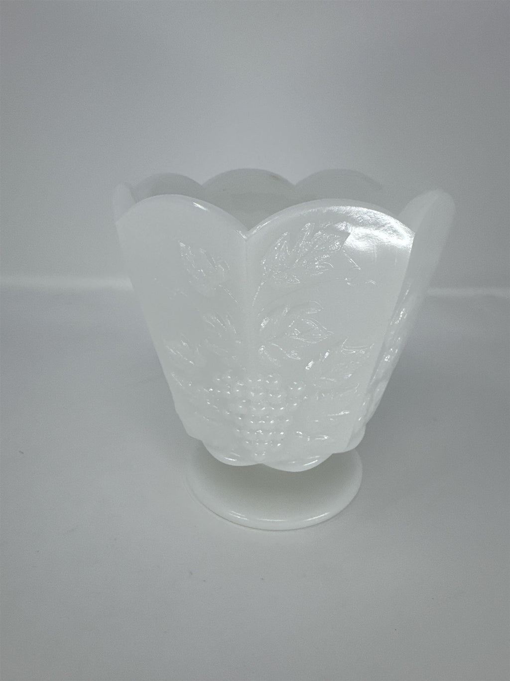 Vintage E.O. Brody Milk Glass Pedestal Planter Vase Grapes Leaves Cleveland
