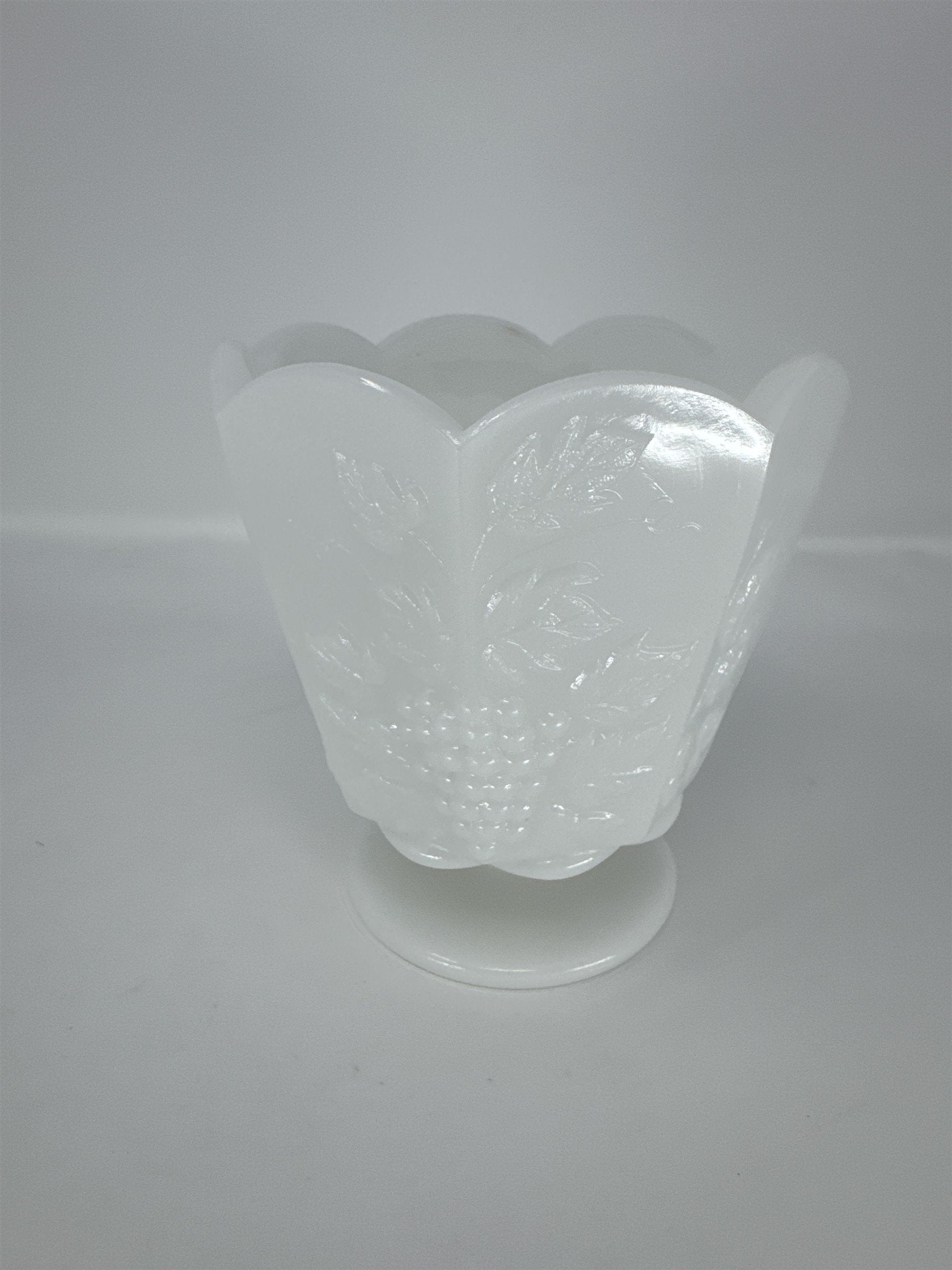 Vintage E.O. Brody Milk Glass Pedestal Planter Vase Grapes Leaves Cleveland