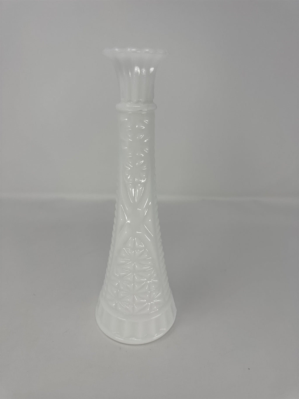 Vintage Milk Glass Bud Vase 9" Stars and Bars Diamond Pattern