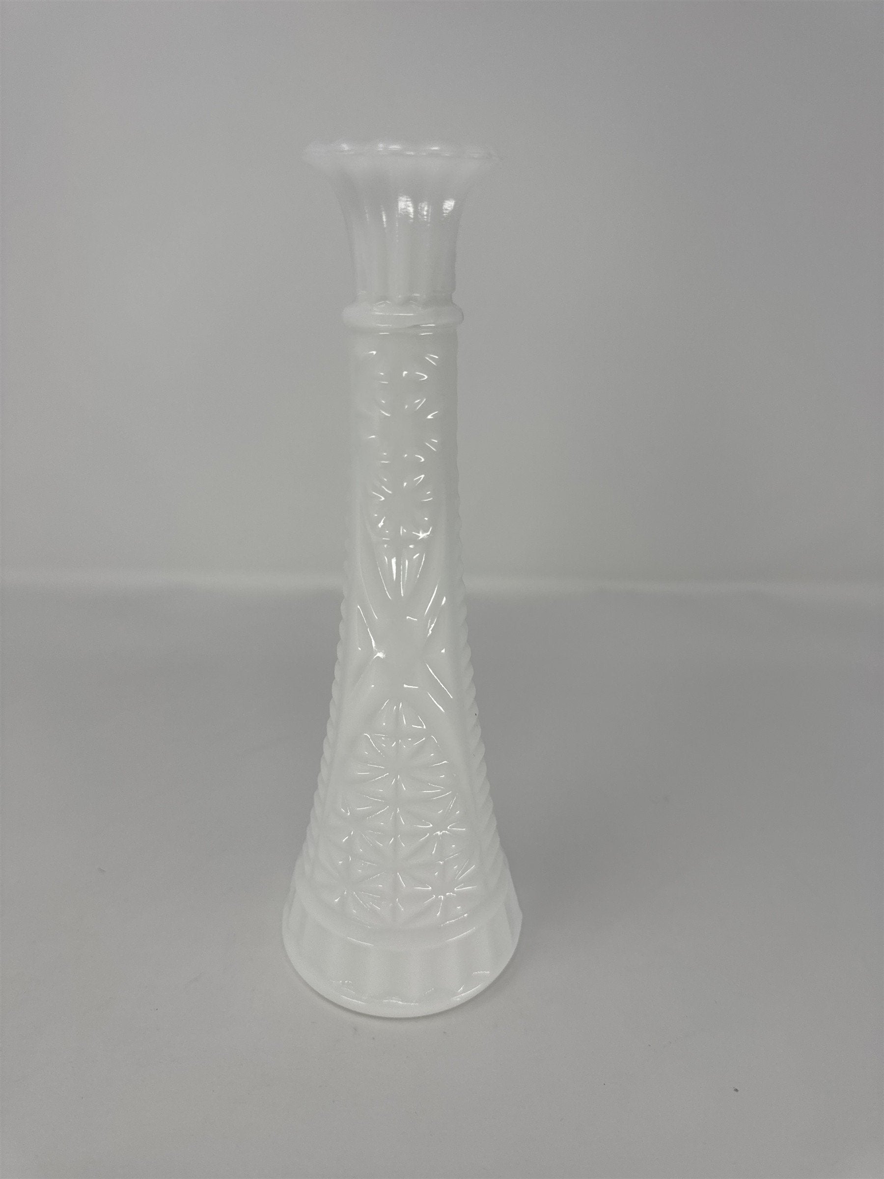 Vintage Milk Glass Bud Vase 9" Stars and Bars Diamond Pattern