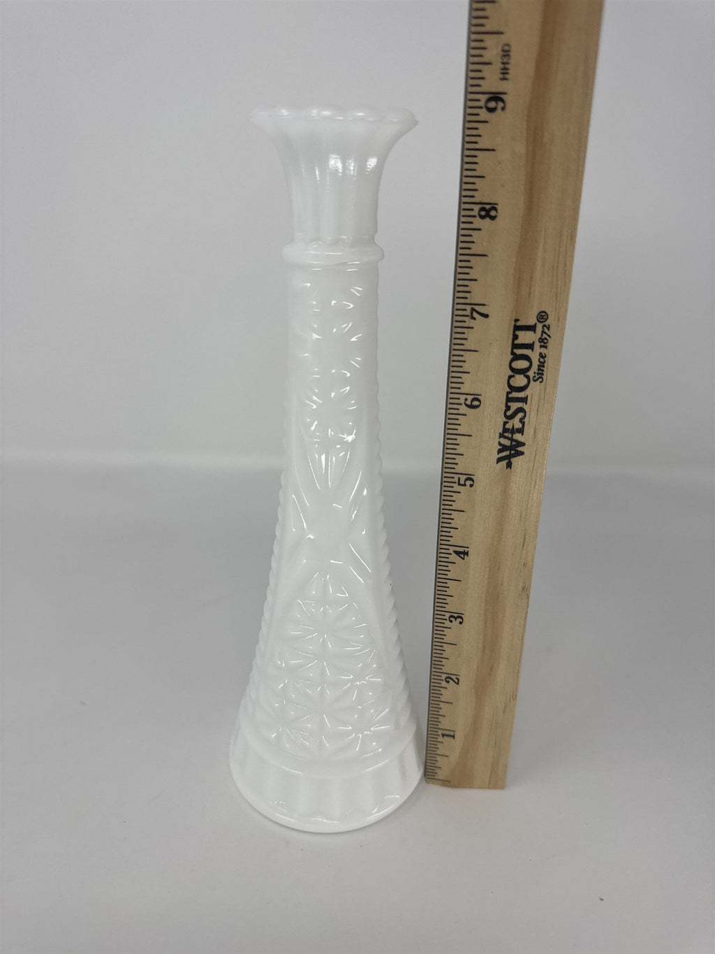Vintage Milk Glass Bud Vase 9" Stars and Bars Diamond Pattern