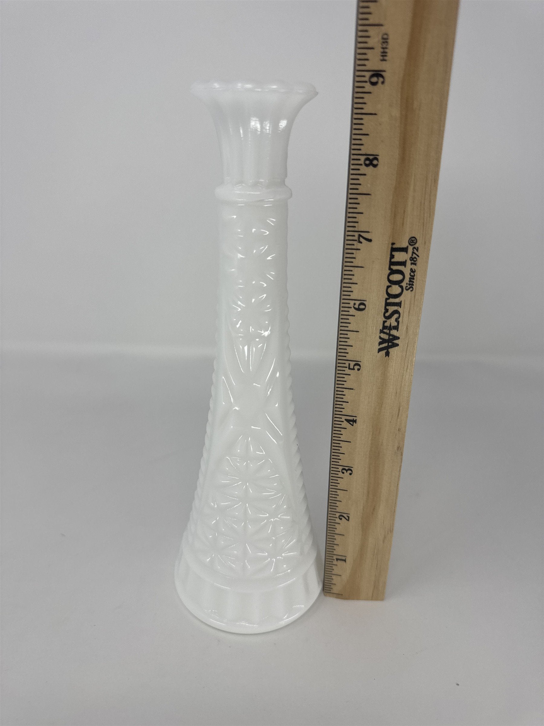 Vintage Milk Glass Bud Vase 9" Stars and Bars Diamond Pattern