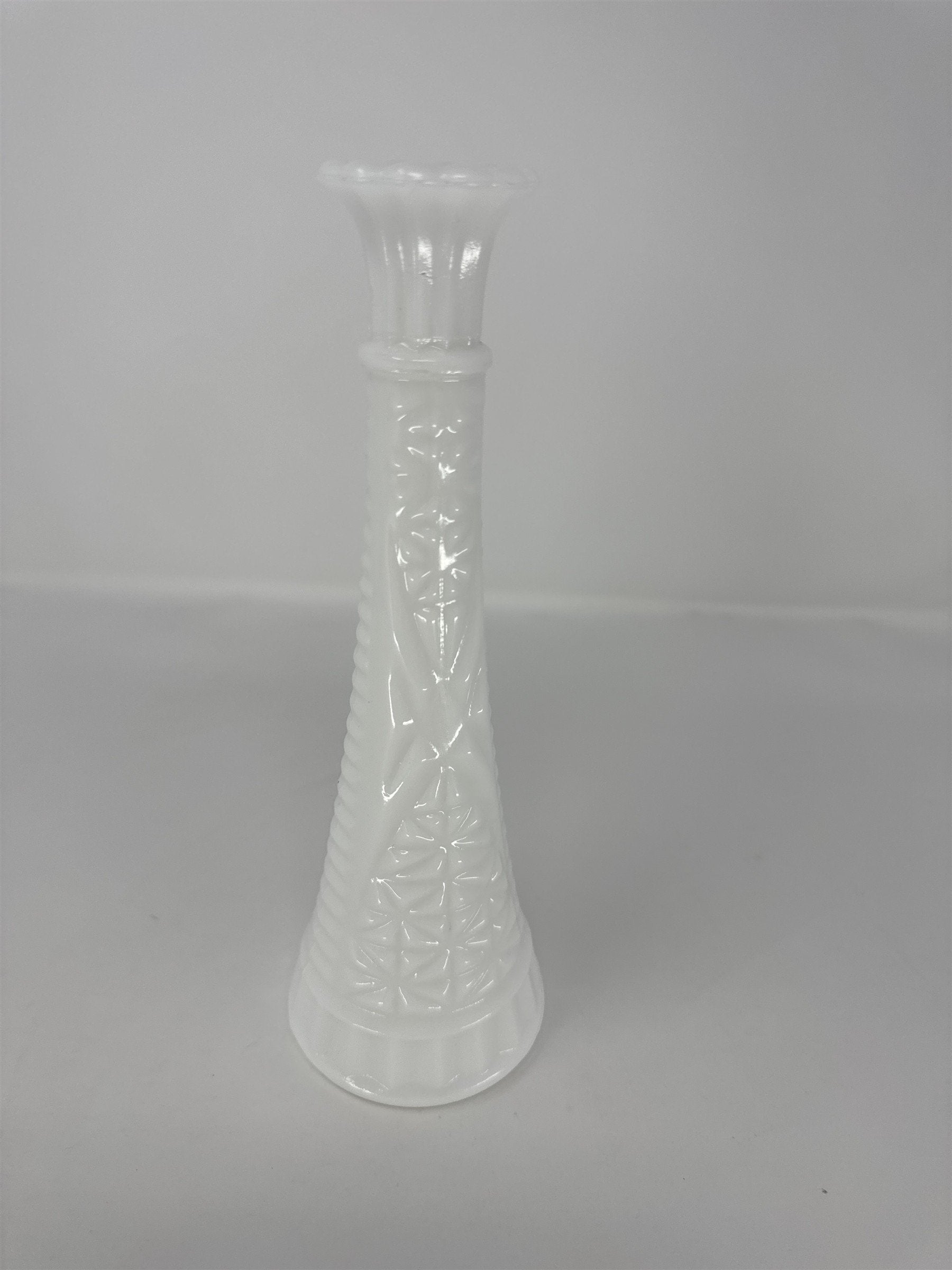 Vintage Milk Glass Bud Vase 9" Stars and Bars Diamond Pattern