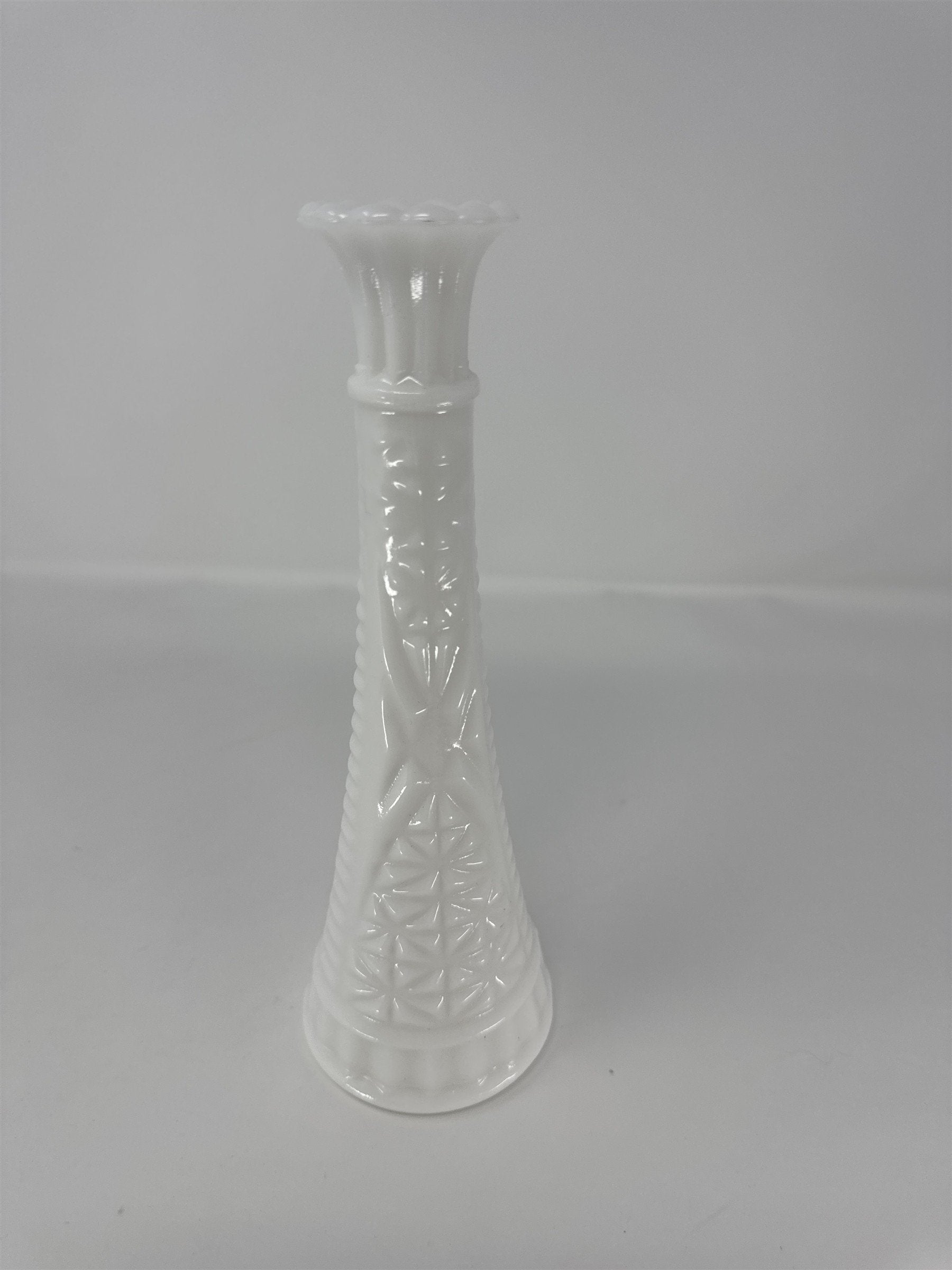 Vintage Milk Glass Bud Vase 9" Stars and Bars Diamond Pattern MCM