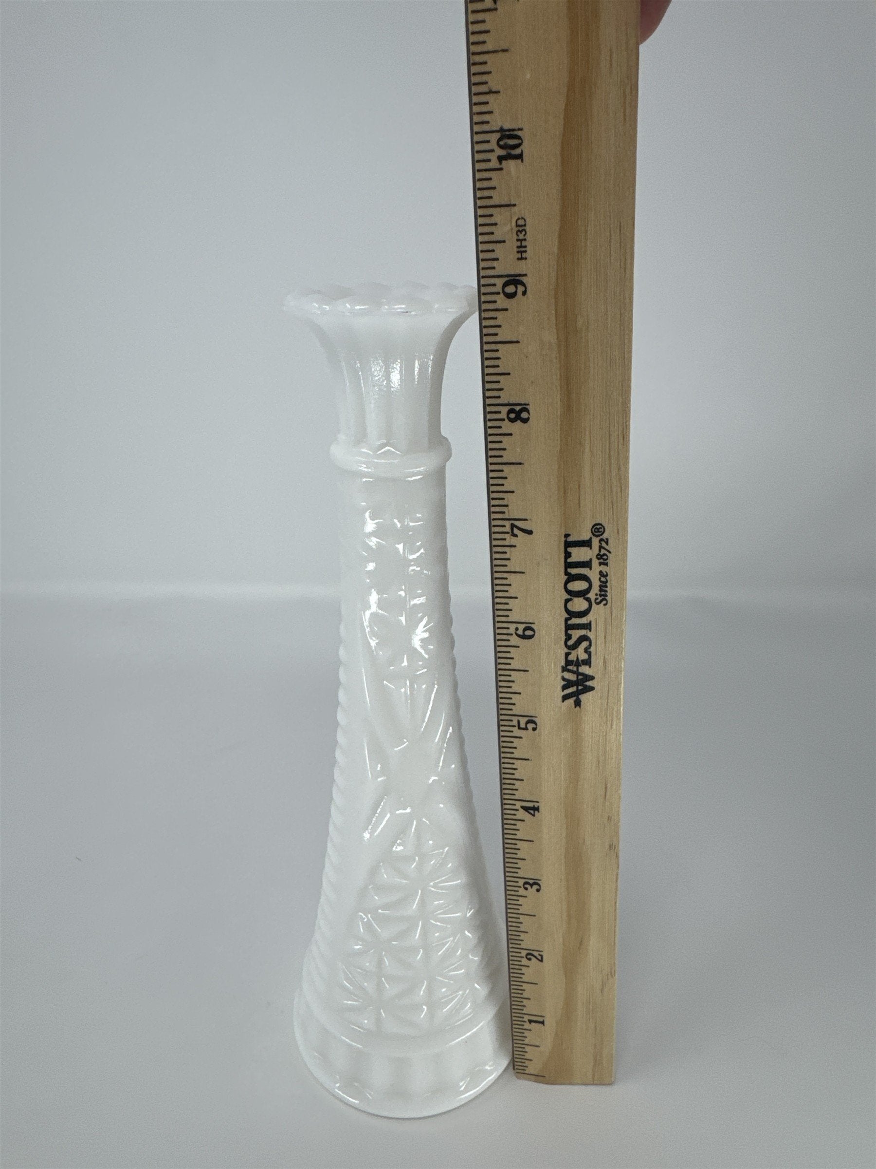 Vintage Milk Glass Bud Vase 9" Stars and Bars Diamond Pattern MCM