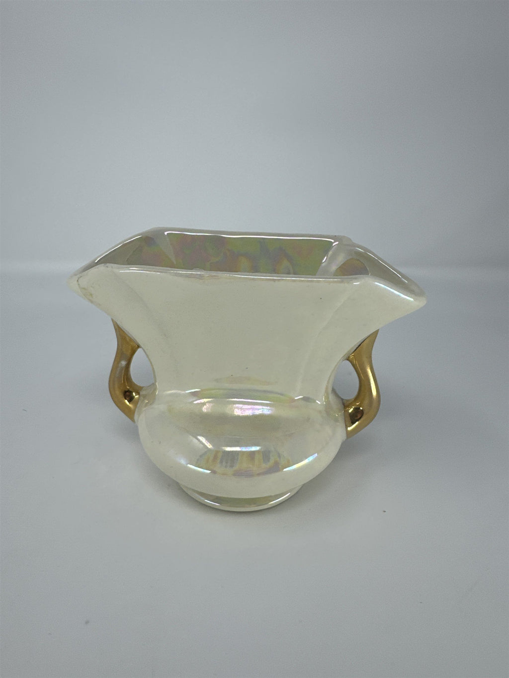 Vintage Pearl Lusterware Planter Vase Iridescent Gold Handles Trophy Urn