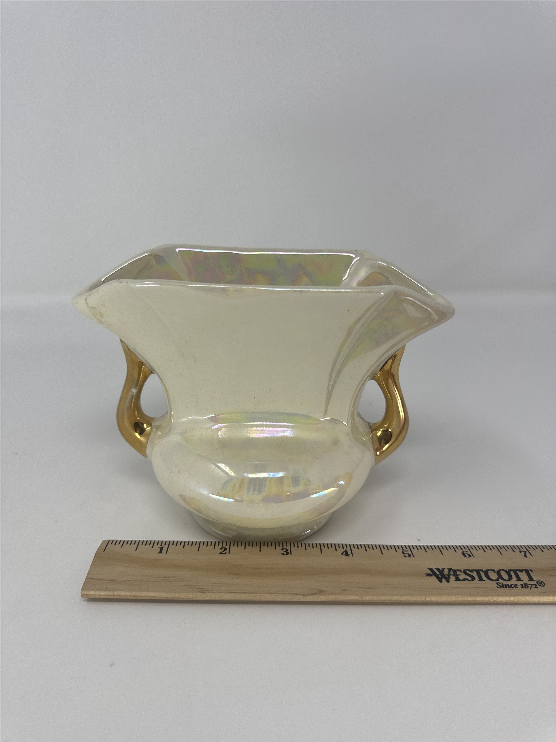 Vintage Pearl Lusterware Planter Vase Iridescent Gold Handles Trophy Urn