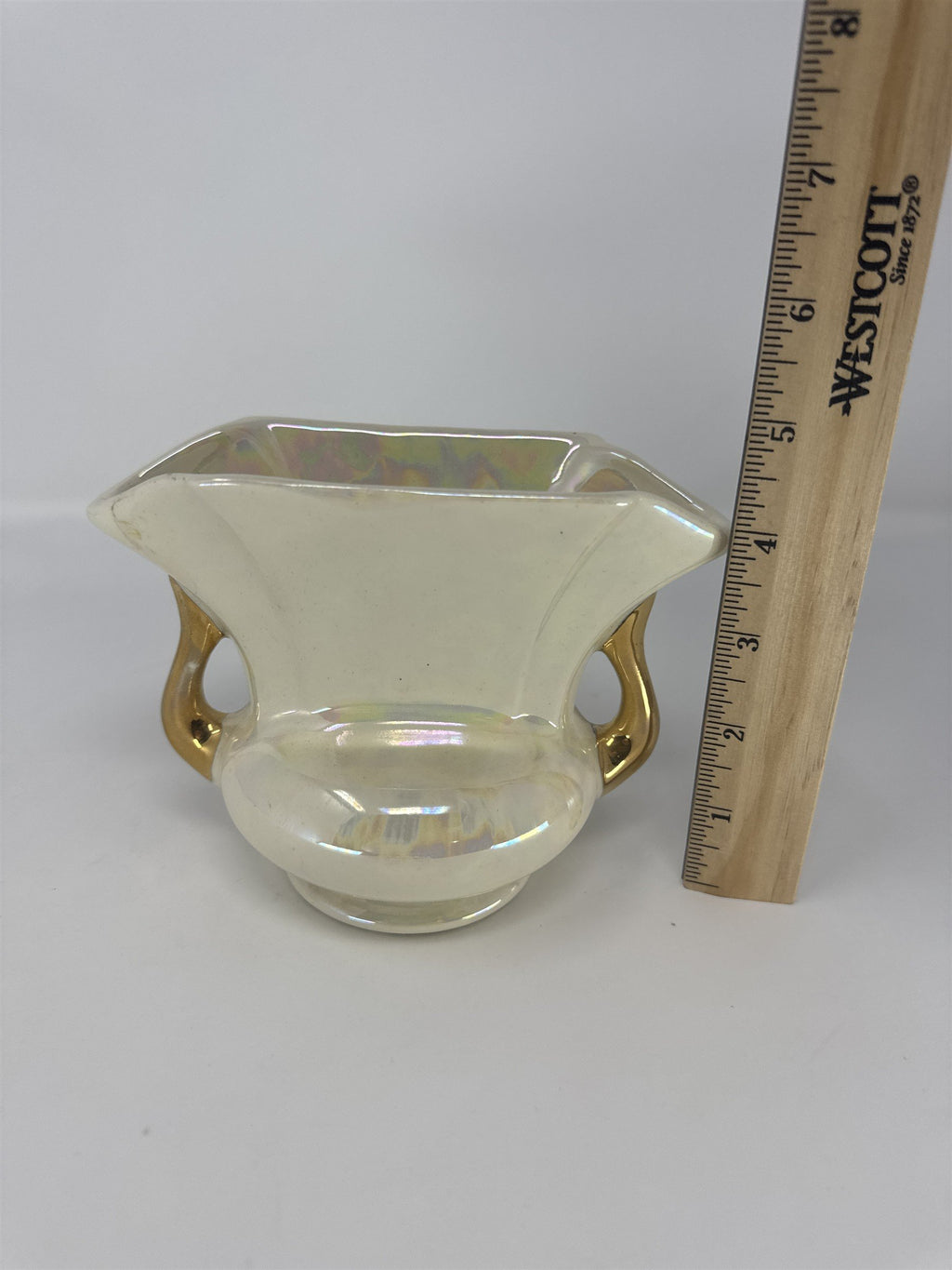 Vintage Pearl Lusterware Planter Vase Iridescent Gold Handles Trophy Urn