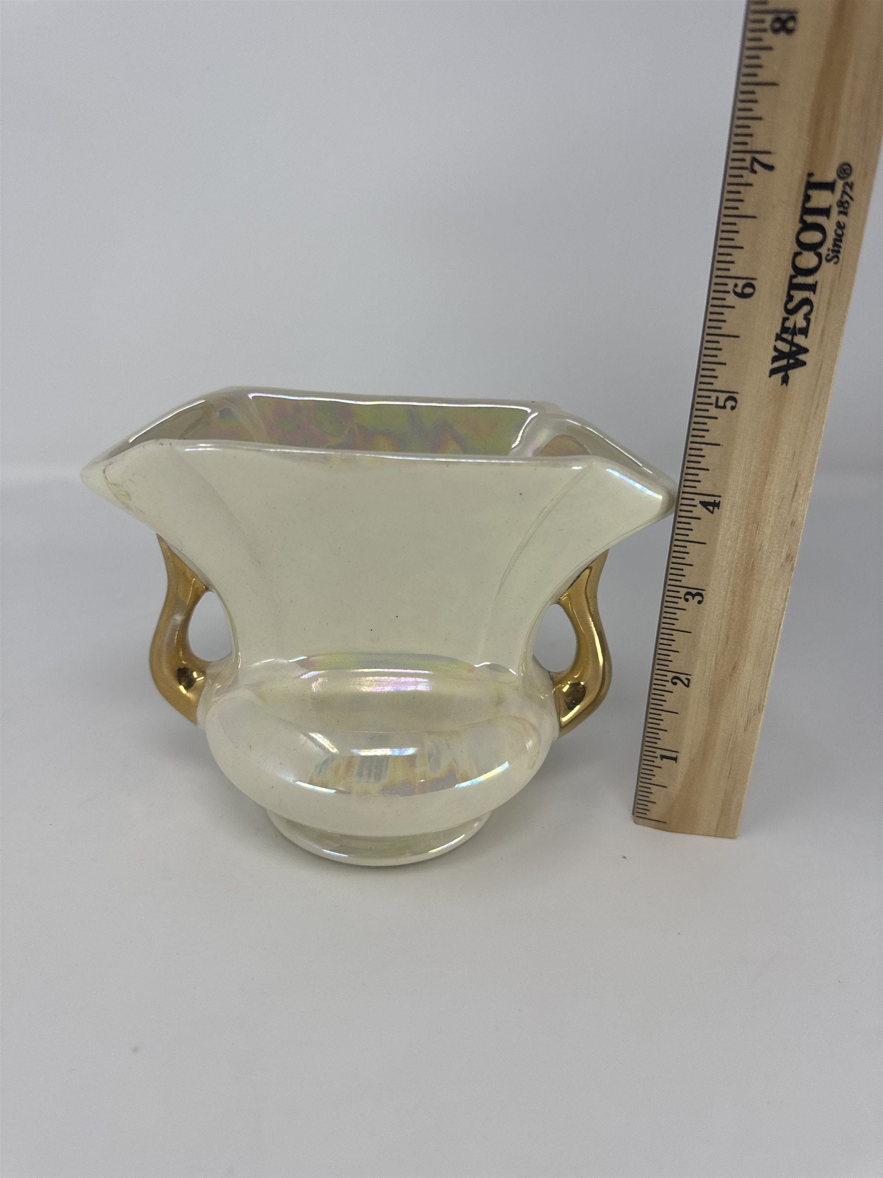 Vintage Pearl Lusterware Planter Vase Iridescent Gold Handles Trophy Urn