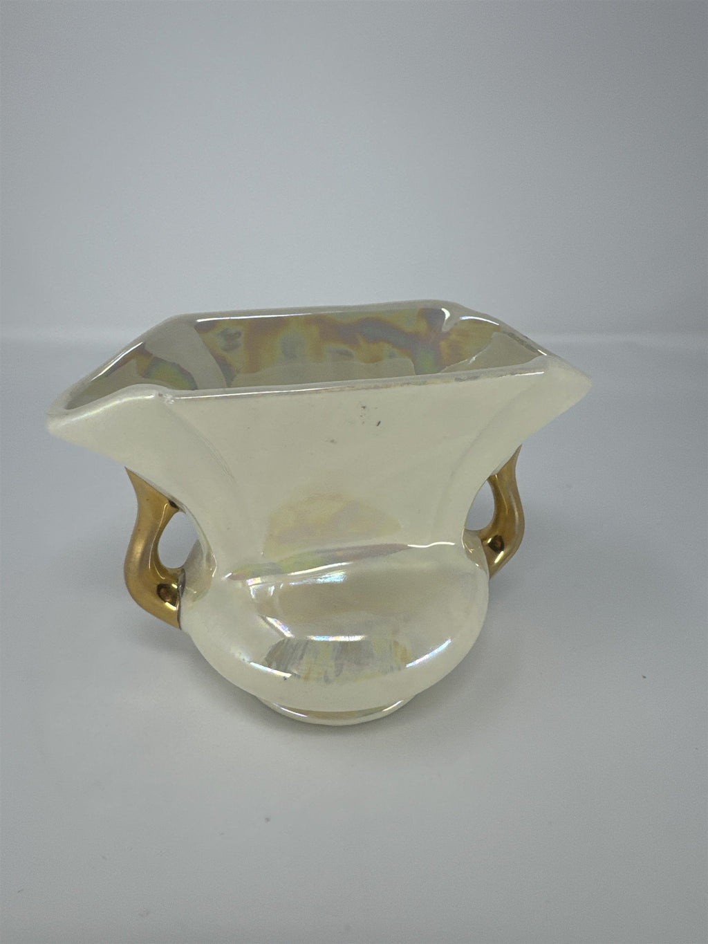 Vintage Pearl Lusterware Planter Vase Iridescent Gold Handles Trophy Urn