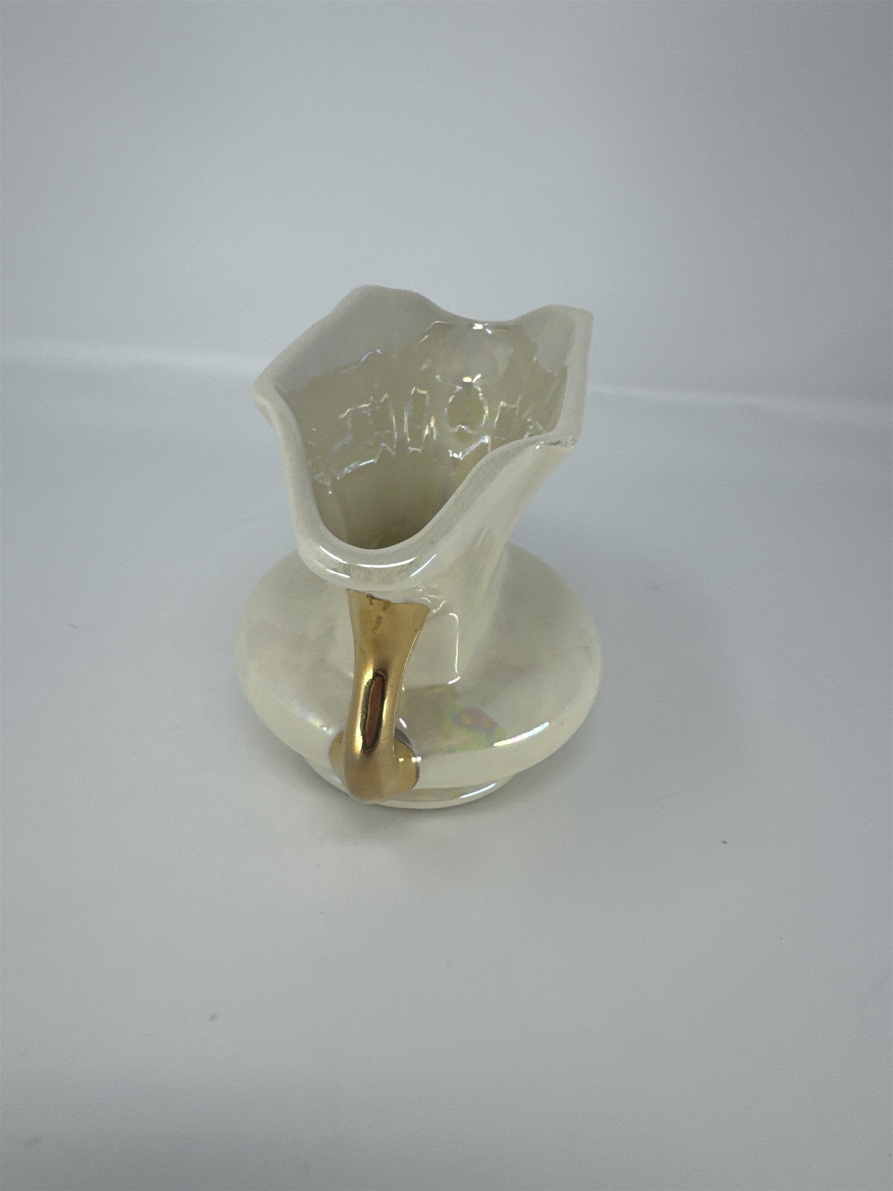 Vintage Pearl Lusterware Planter Vase Iridescent Gold Handles Trophy Urn