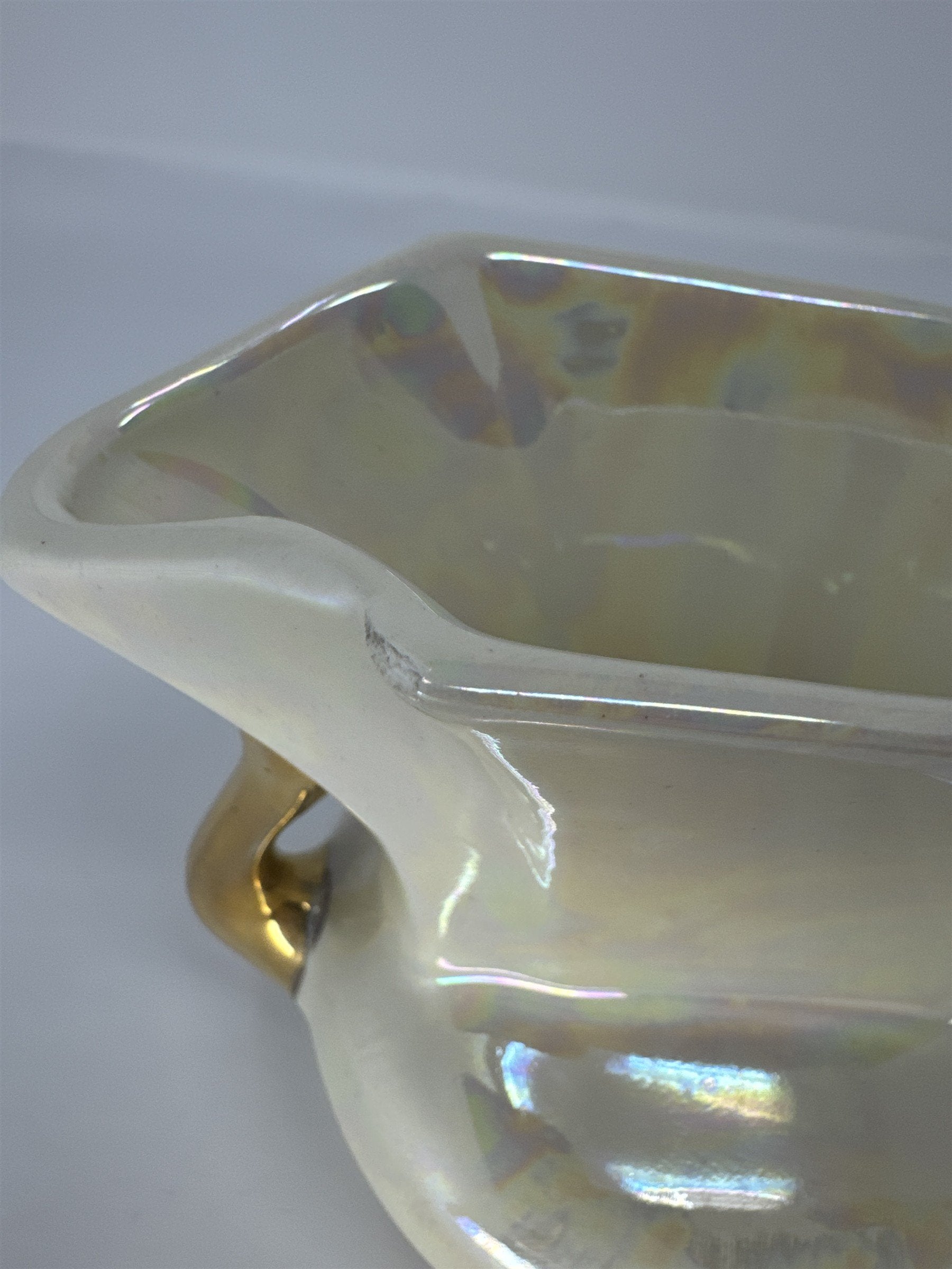 Vintage Pearl Lusterware Planter Vase Iridescent Gold Handles Trophy Urn