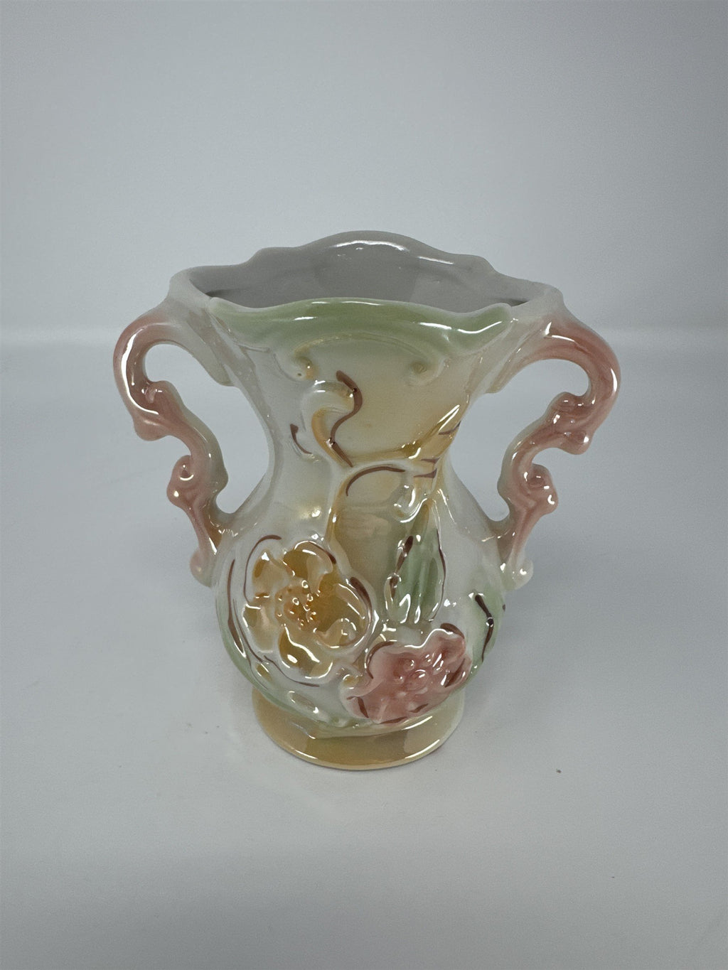 Vintage Brazil Majolica Style Lusterware Bud Vase Iridescent Floral Pink Hand