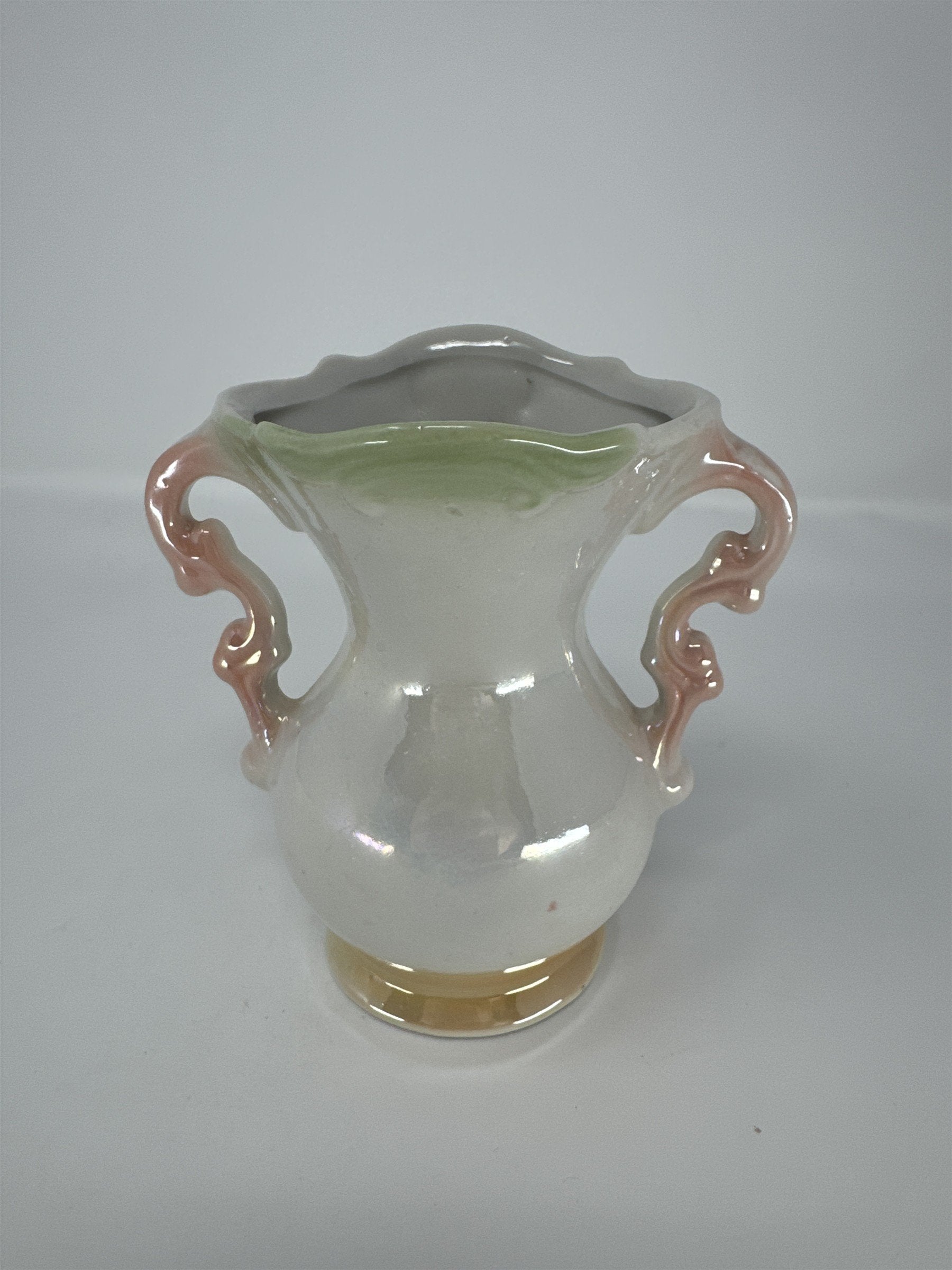 Vintage Brazil Majolica Style Lusterware Bud Vase Iridescent Floral Pink Hand
